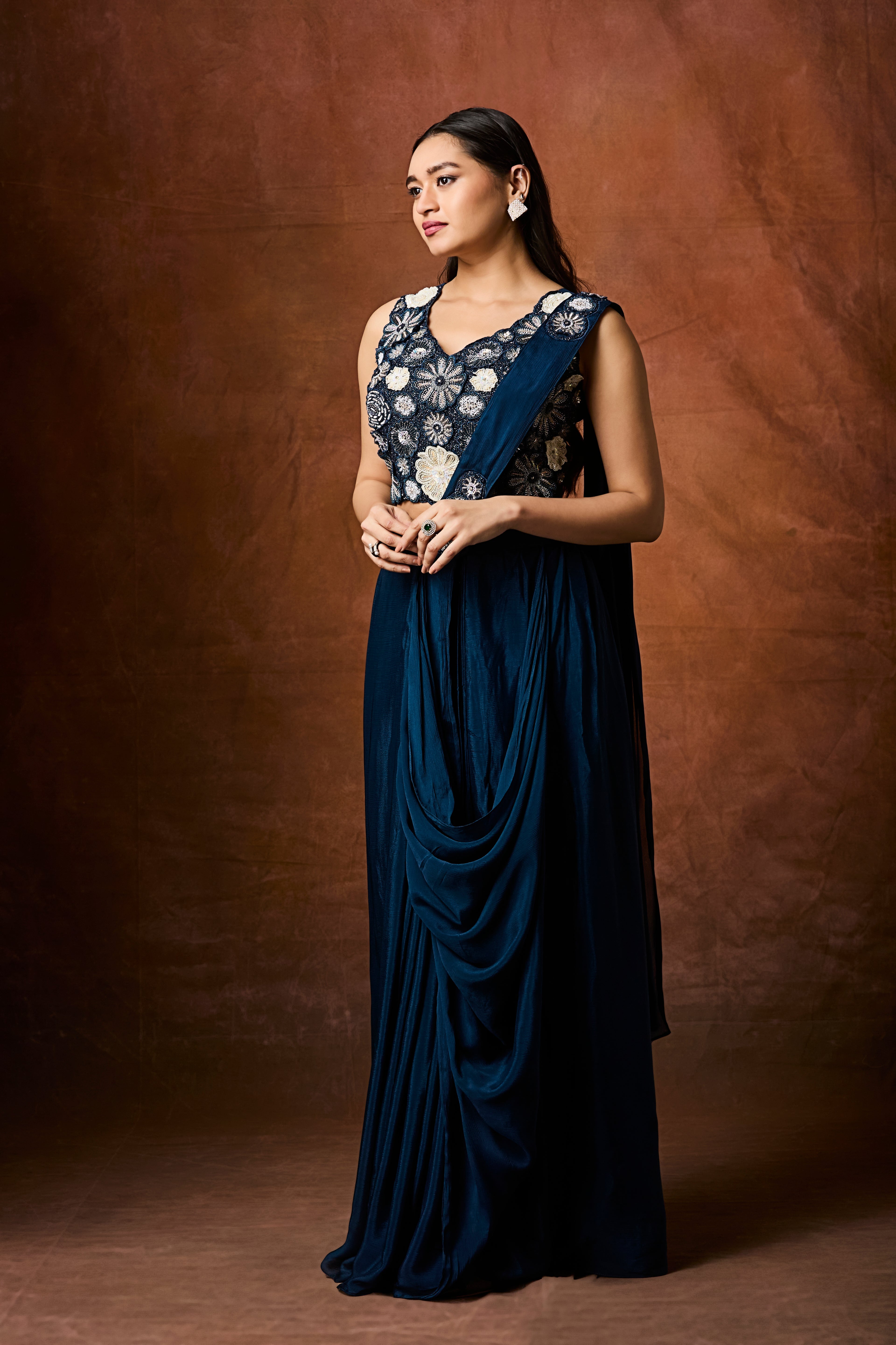 Deep Teal Embellished Chinon Silk Drape Saree