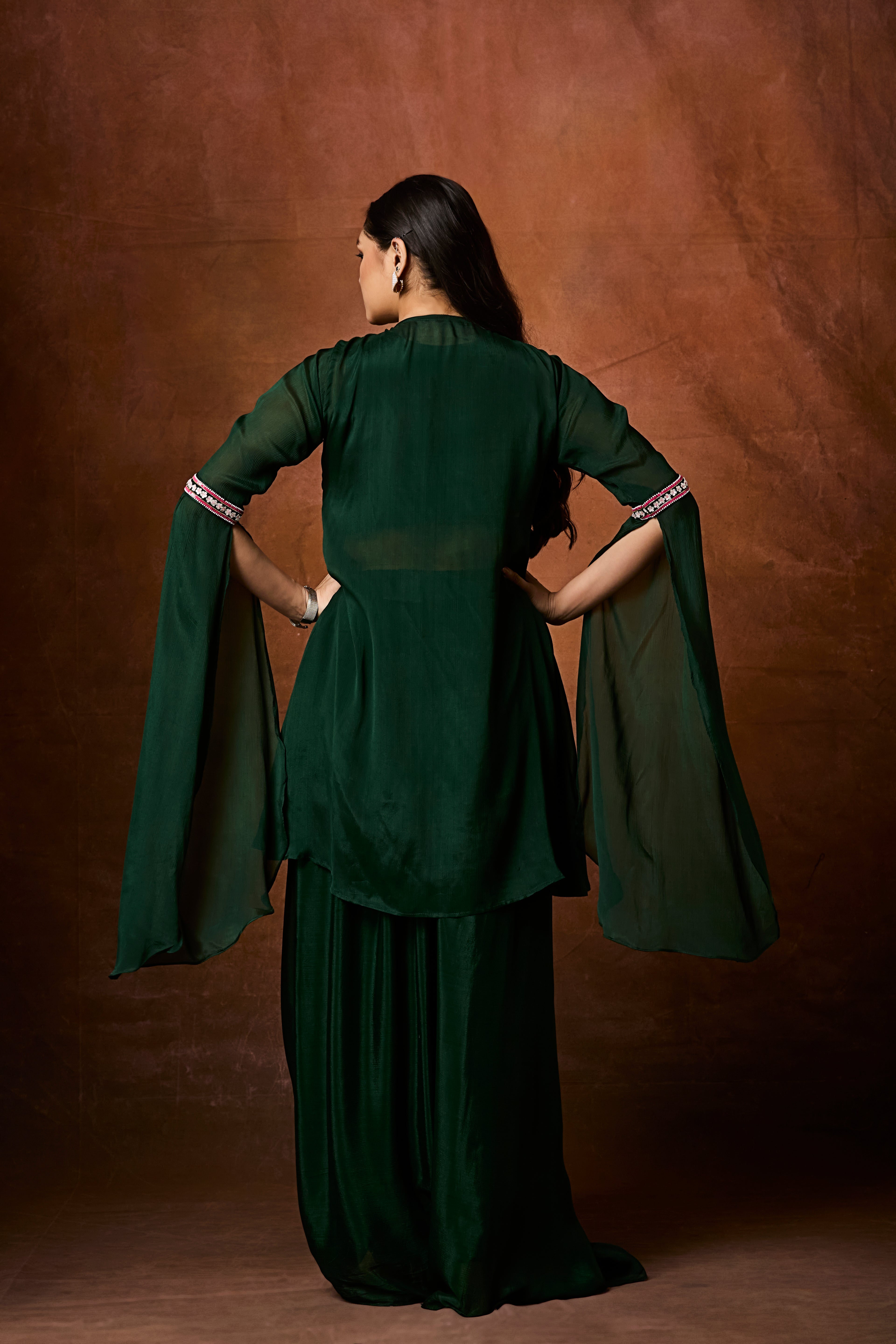 Emerald Green Embellished Chinon Silk Drape Skirt Set