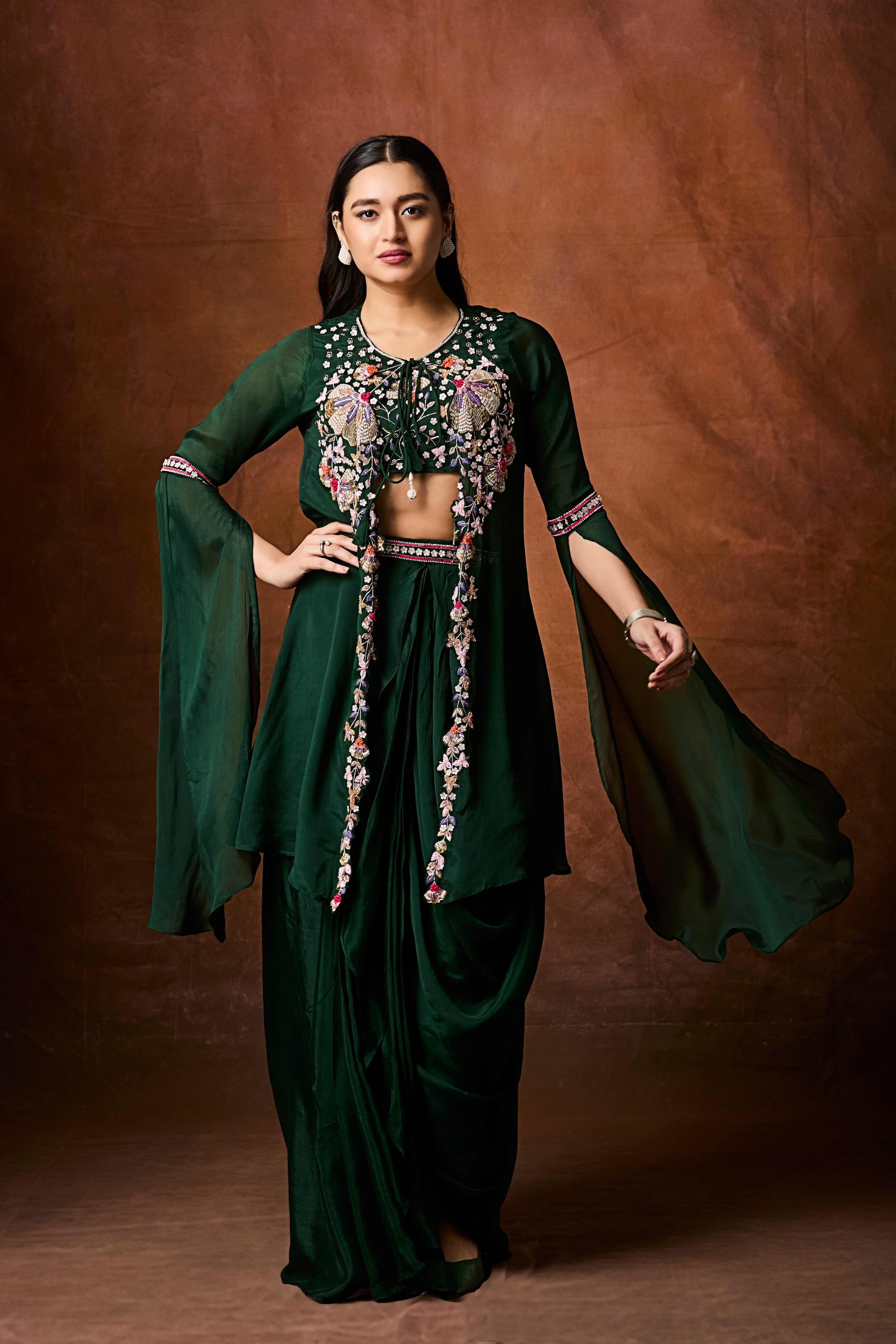 Emerald Green Embellished Chinon Silk Drape Skirt Set