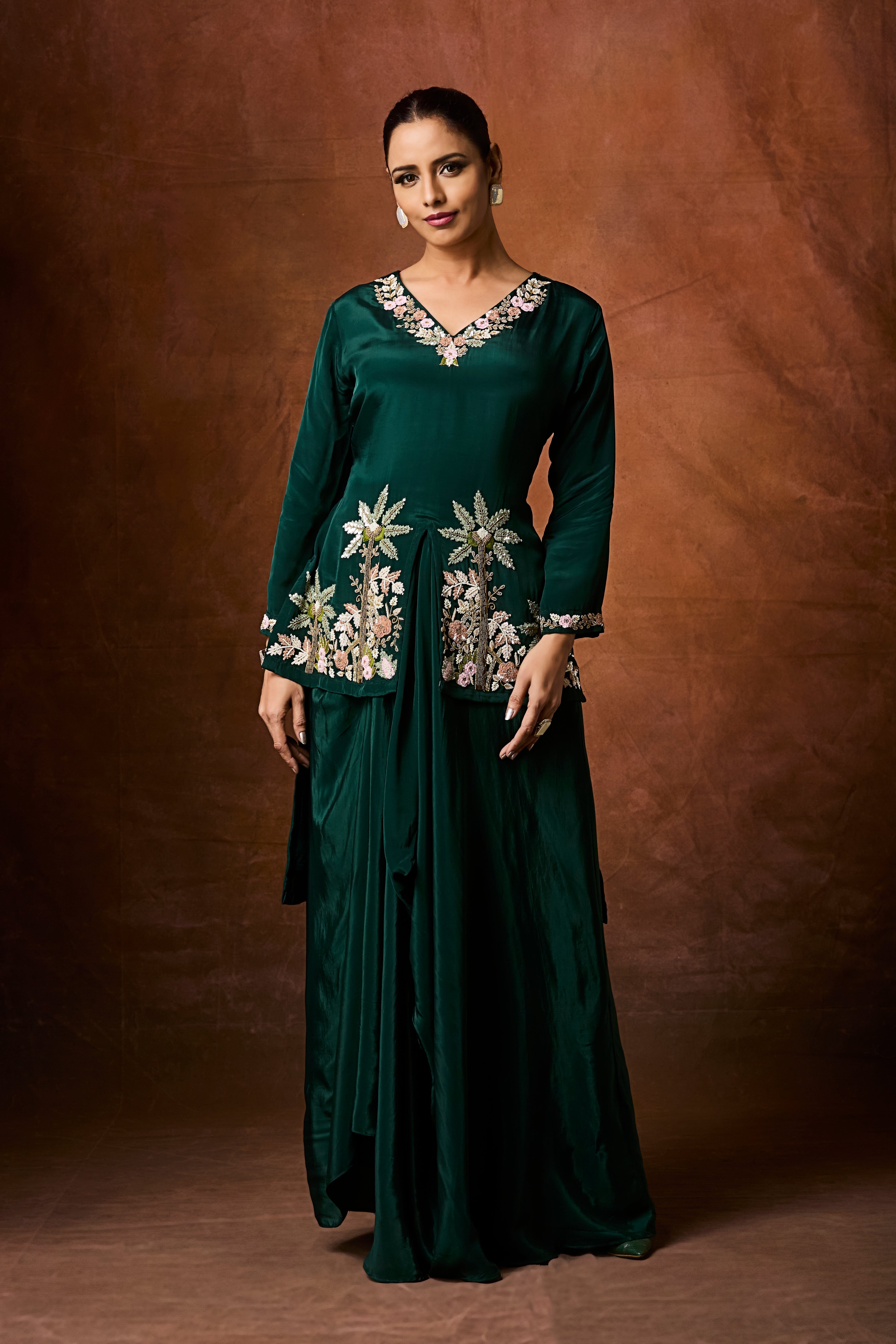 Forest Green Embellished Crepe Silk Skirt Set