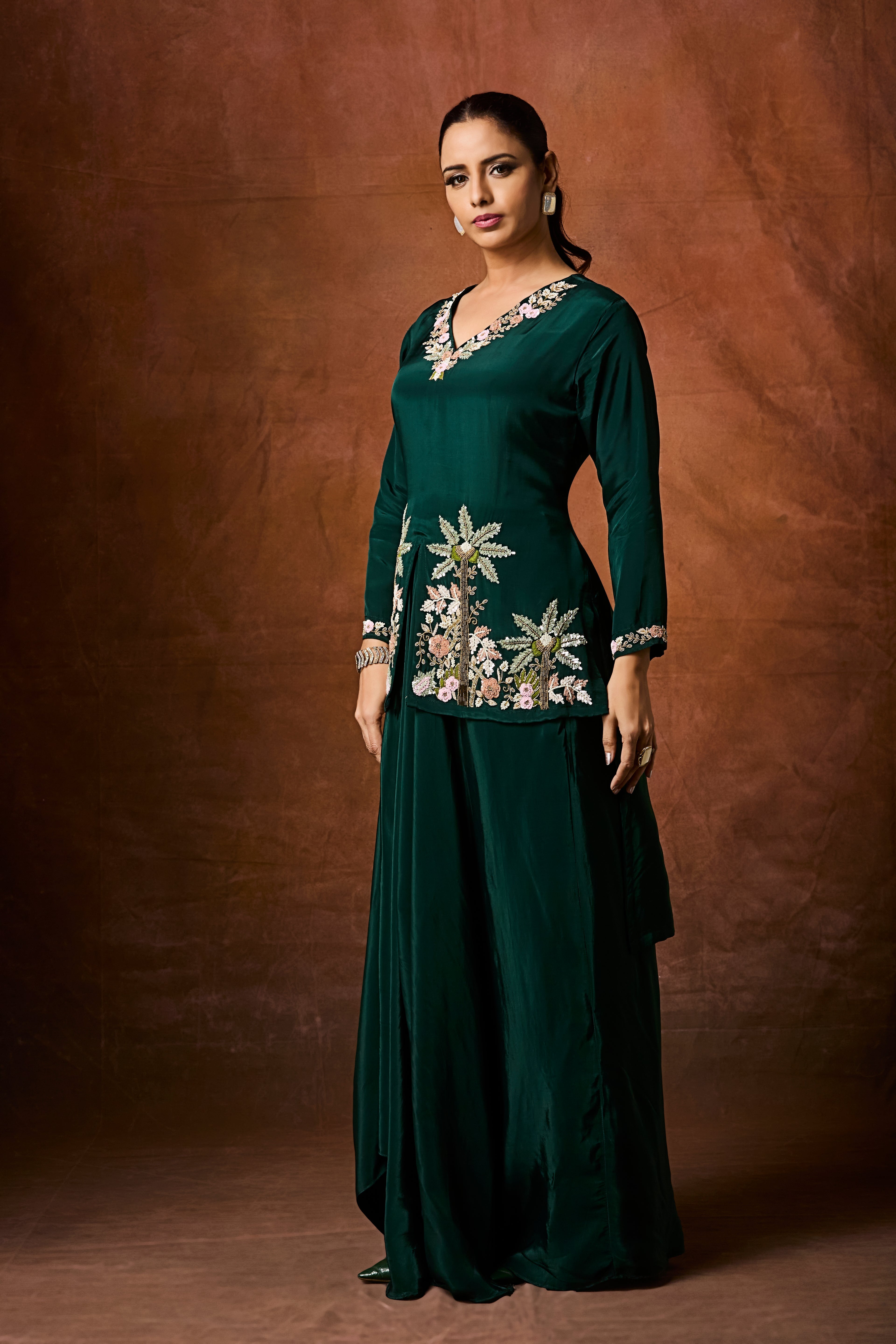 Forest Green Embellished Crepe Silk Skirt Set