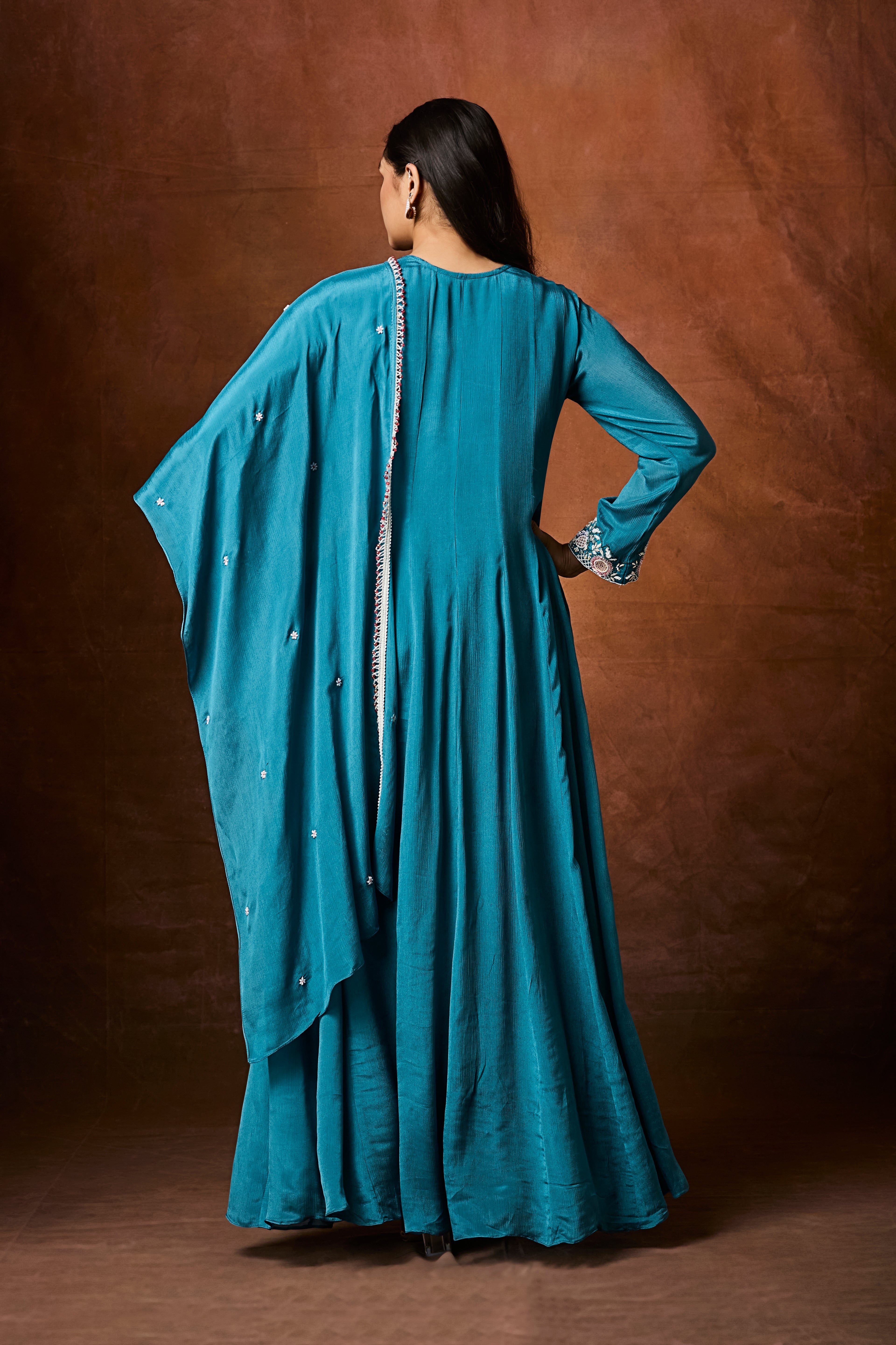 Deep Blue Embellished Chinon Silk Anarkali Set