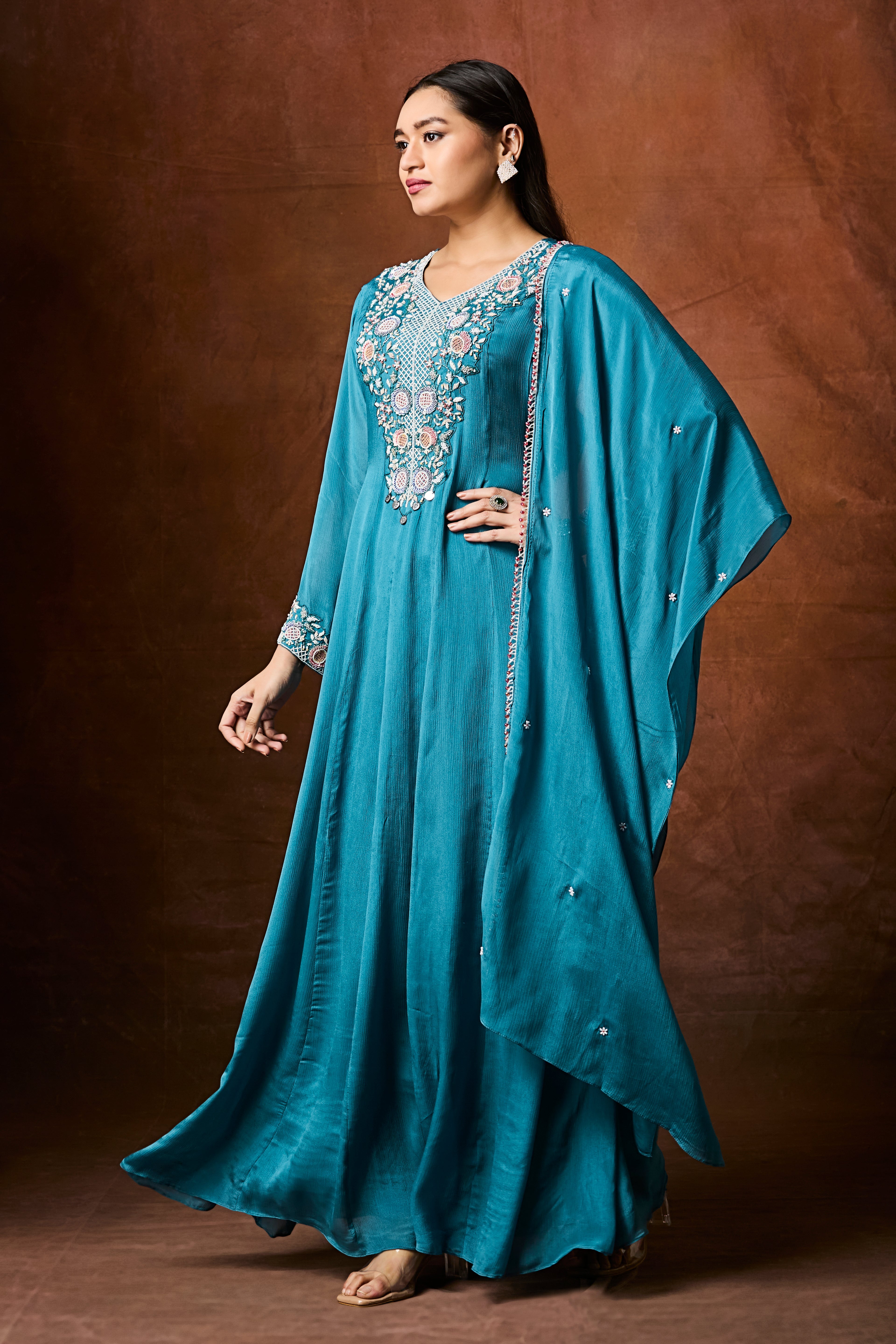 Deep Blue Embellished Chinon Silk Anarkali Set