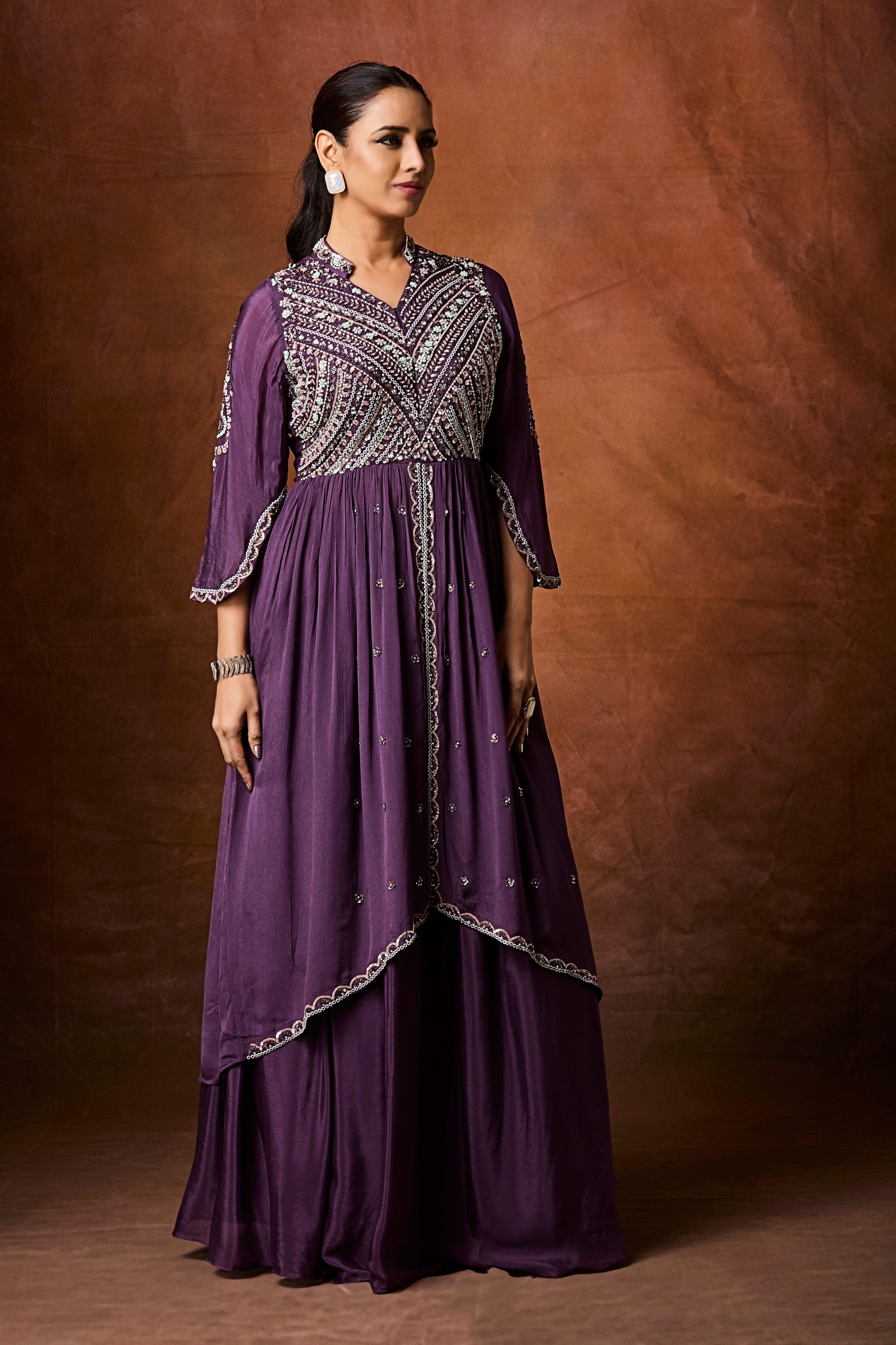 Deep Purple Embellished Chinon Silk Skirt Set