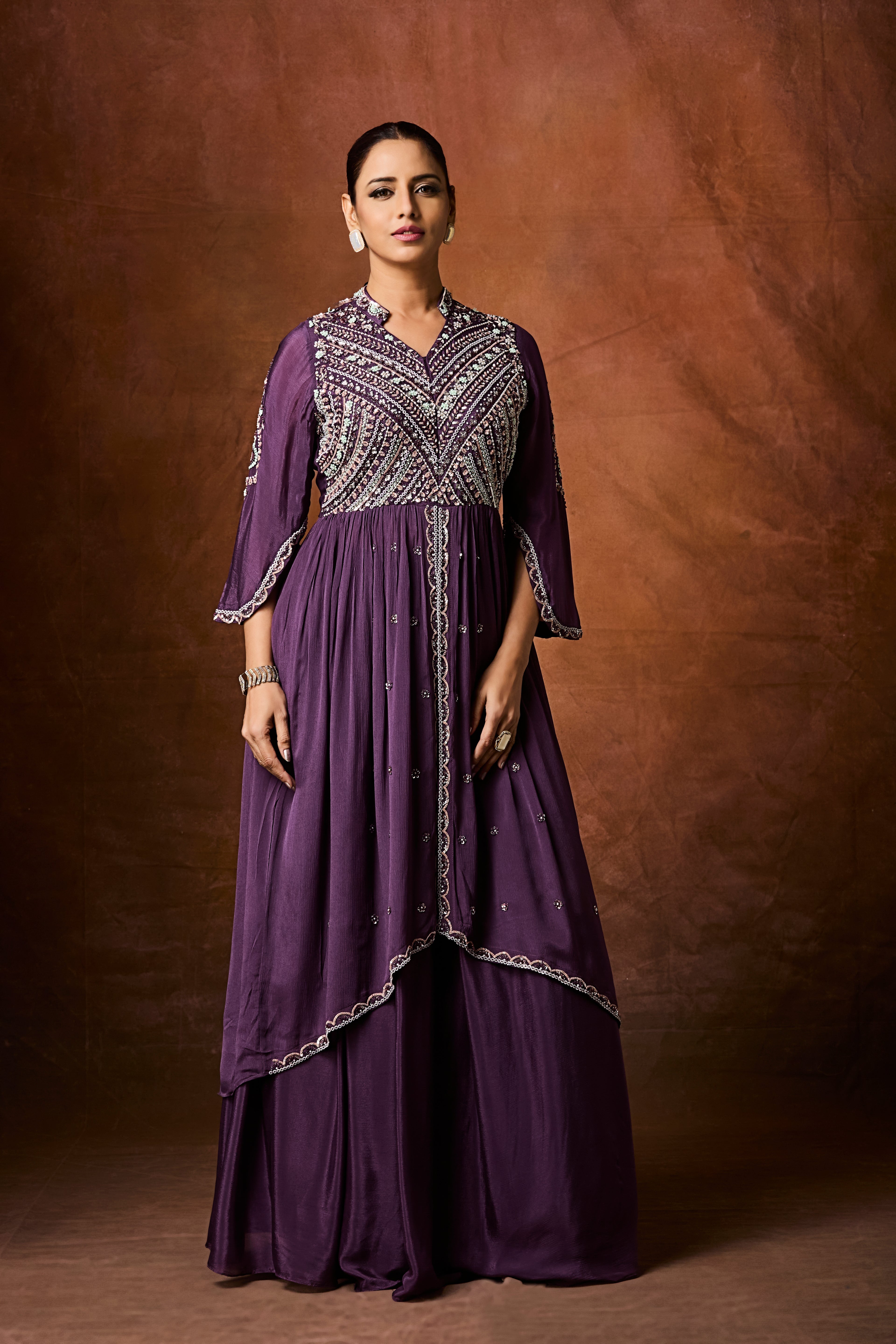 Deep Purple Embellished Chinon Silk Skirt Set