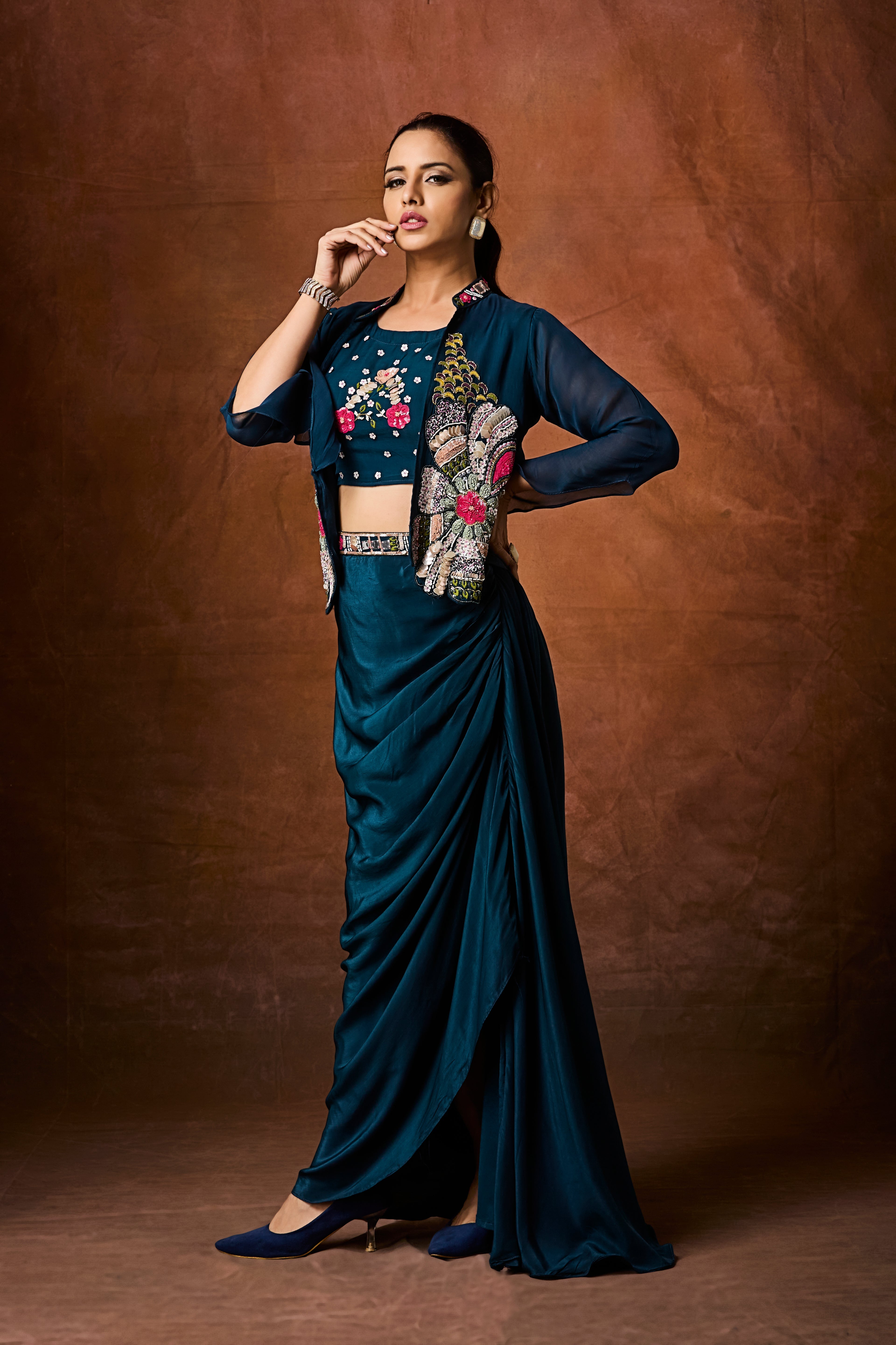 Teal Blue Embellished Crepe Silk Skirt Set