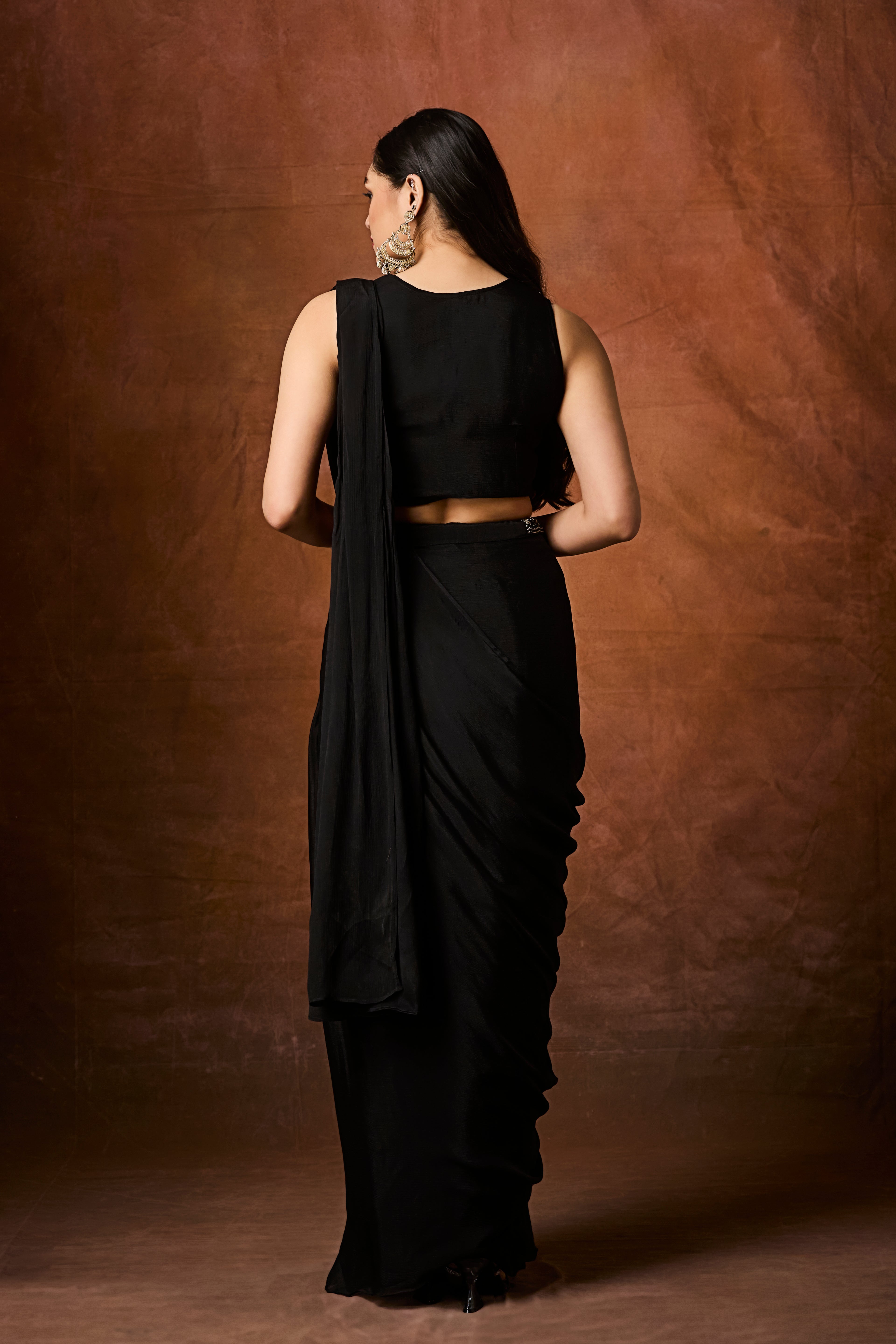 Jet Black Embellished Crepe Silk Drape Saree