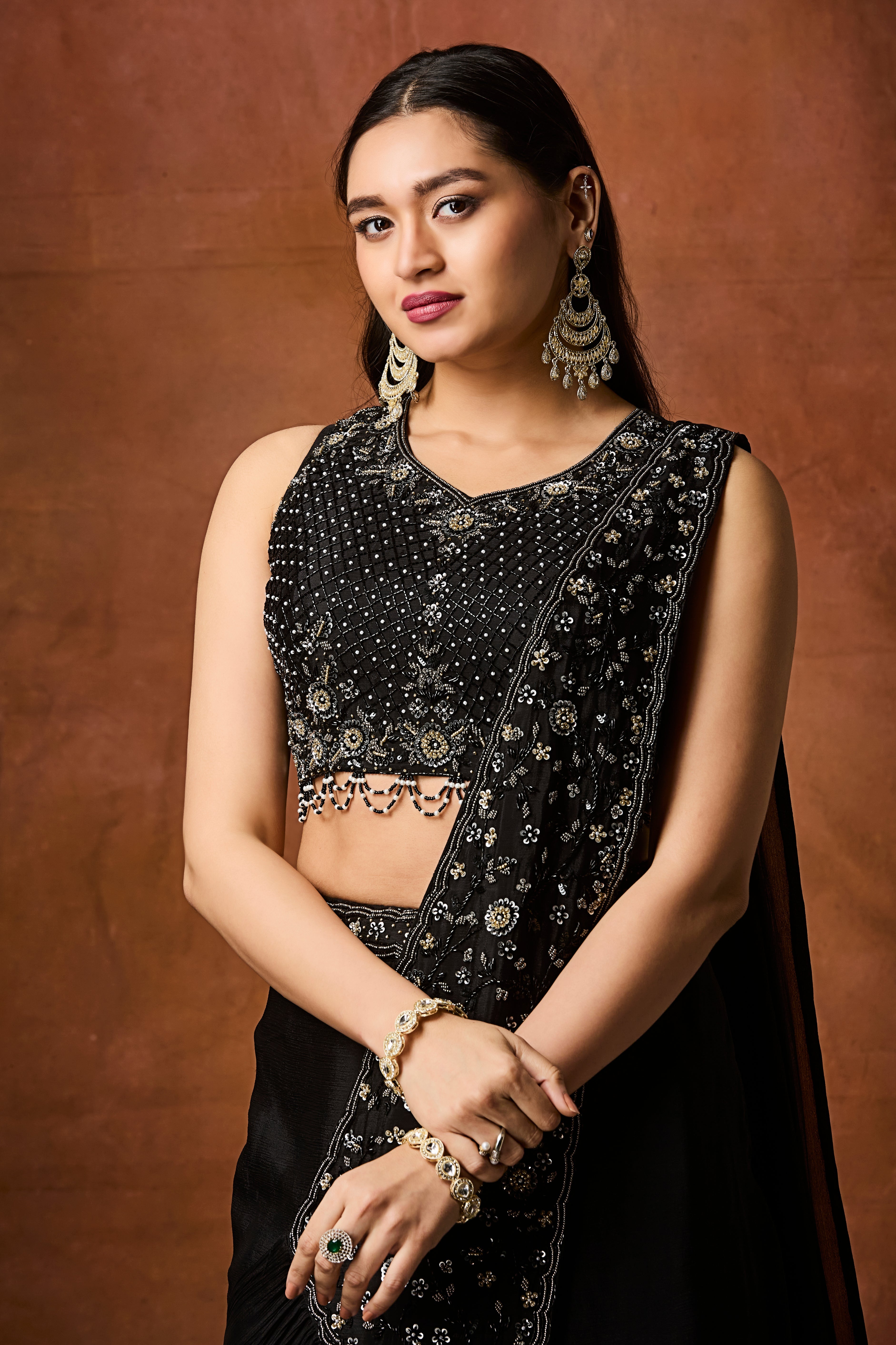 Jet Black Embellished Crepe Silk Drape Saree