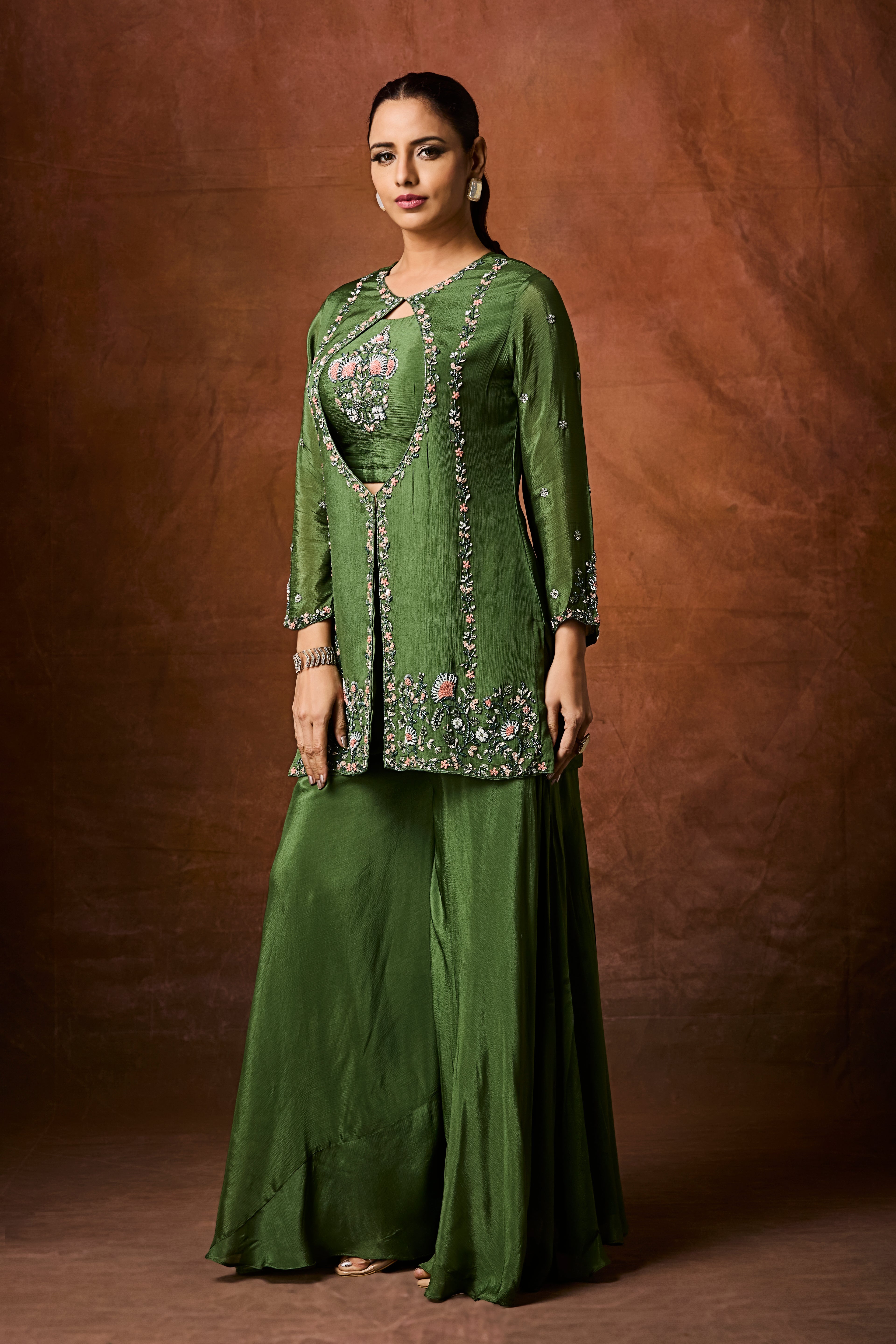 Forest Green Embellished Chinon Silk Palazzo Set