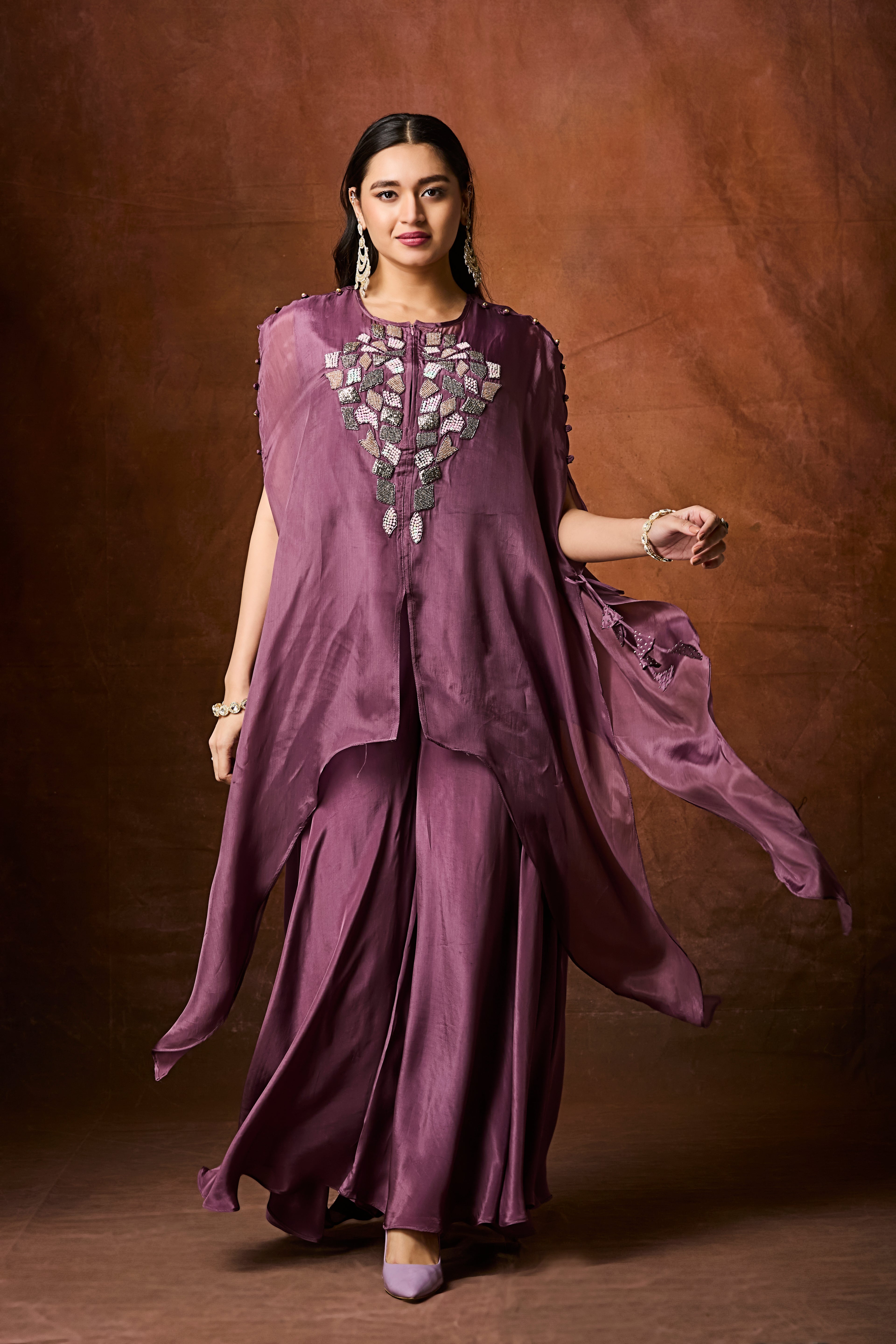 Dusty Mauve Embellished Organza Silk Kaftan Set
