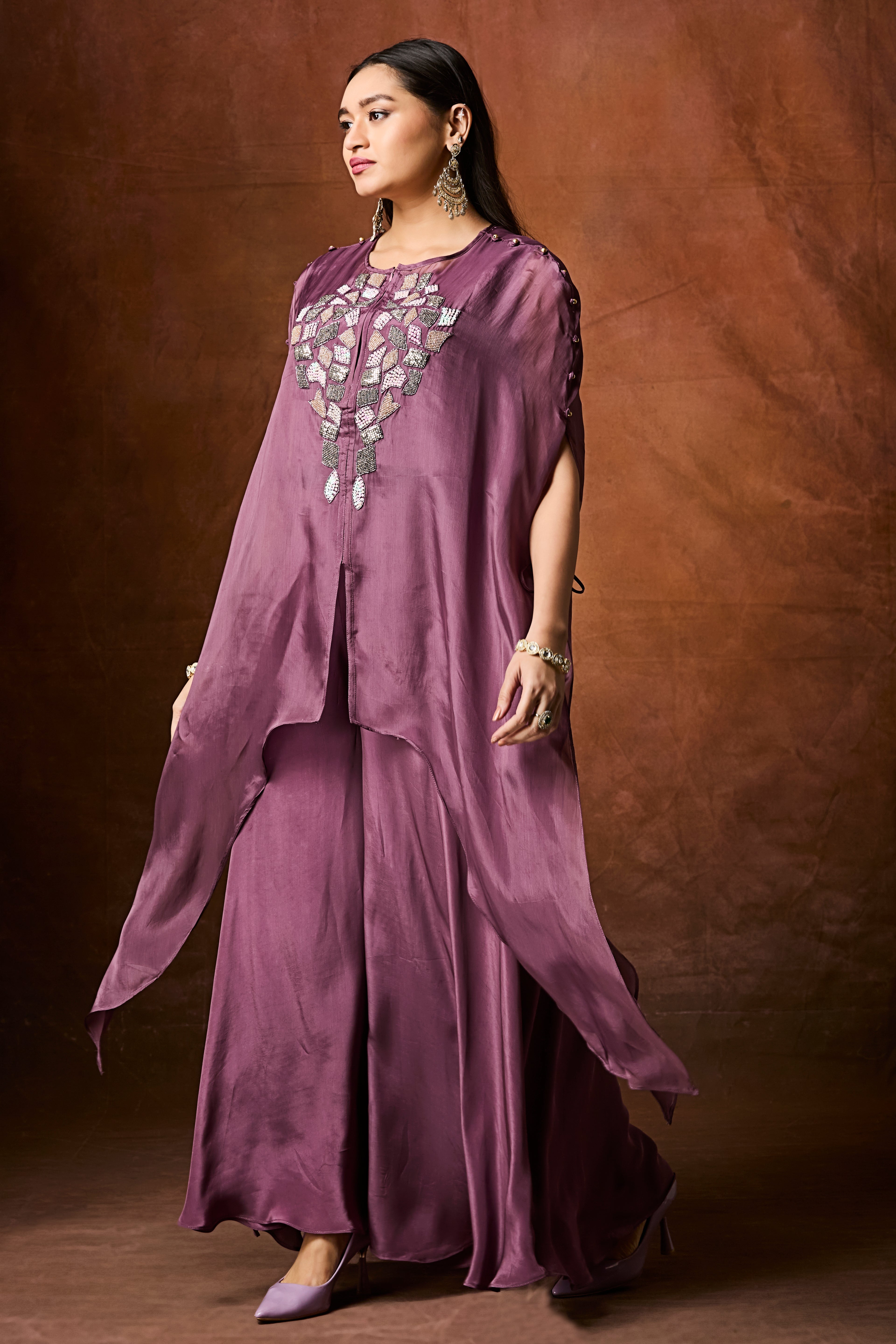 Dusty Mauve Embellished Organza Silk Kaftan Set