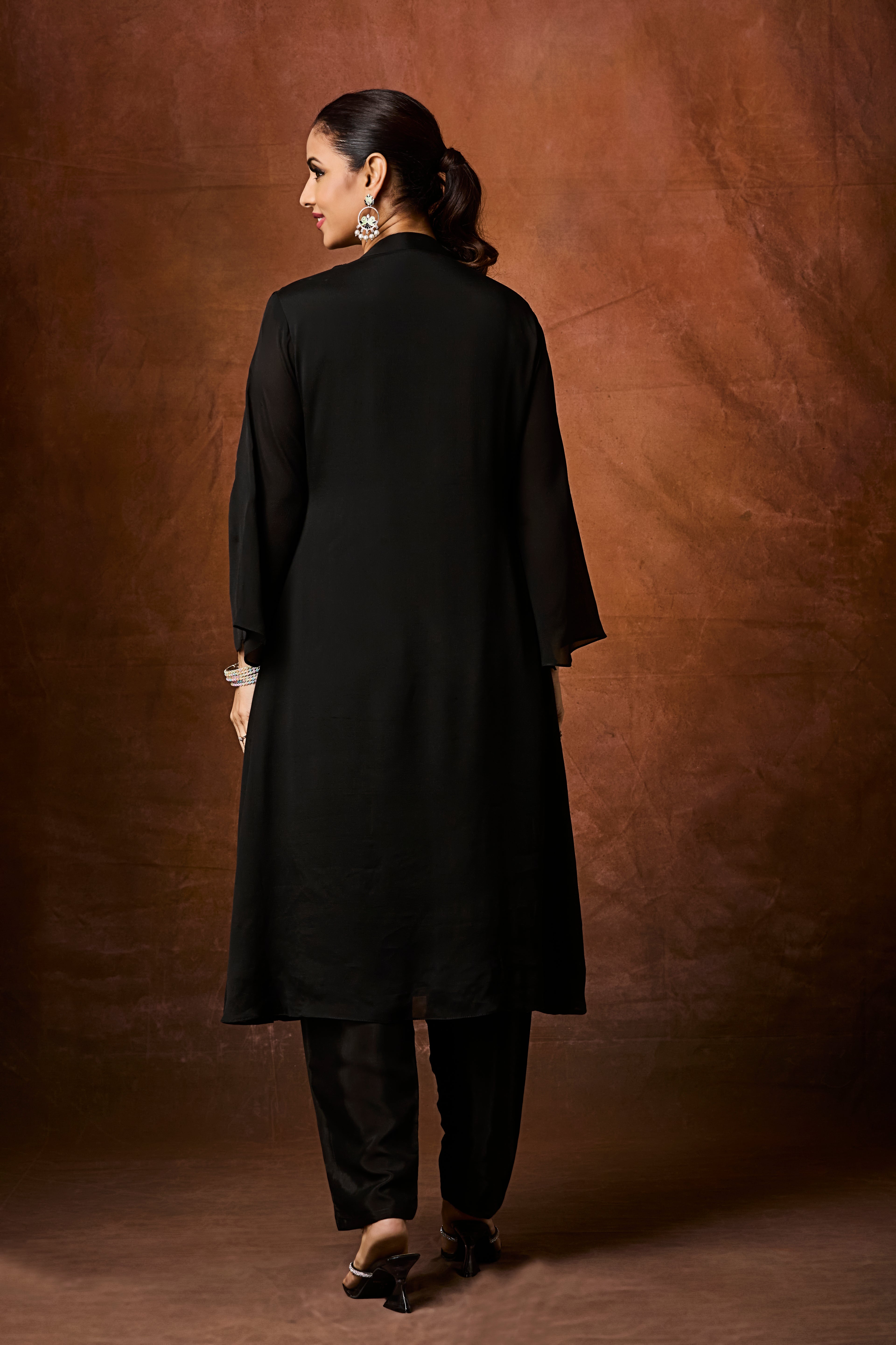 Jet Black Embellished Chinon Silk Anarkali Set