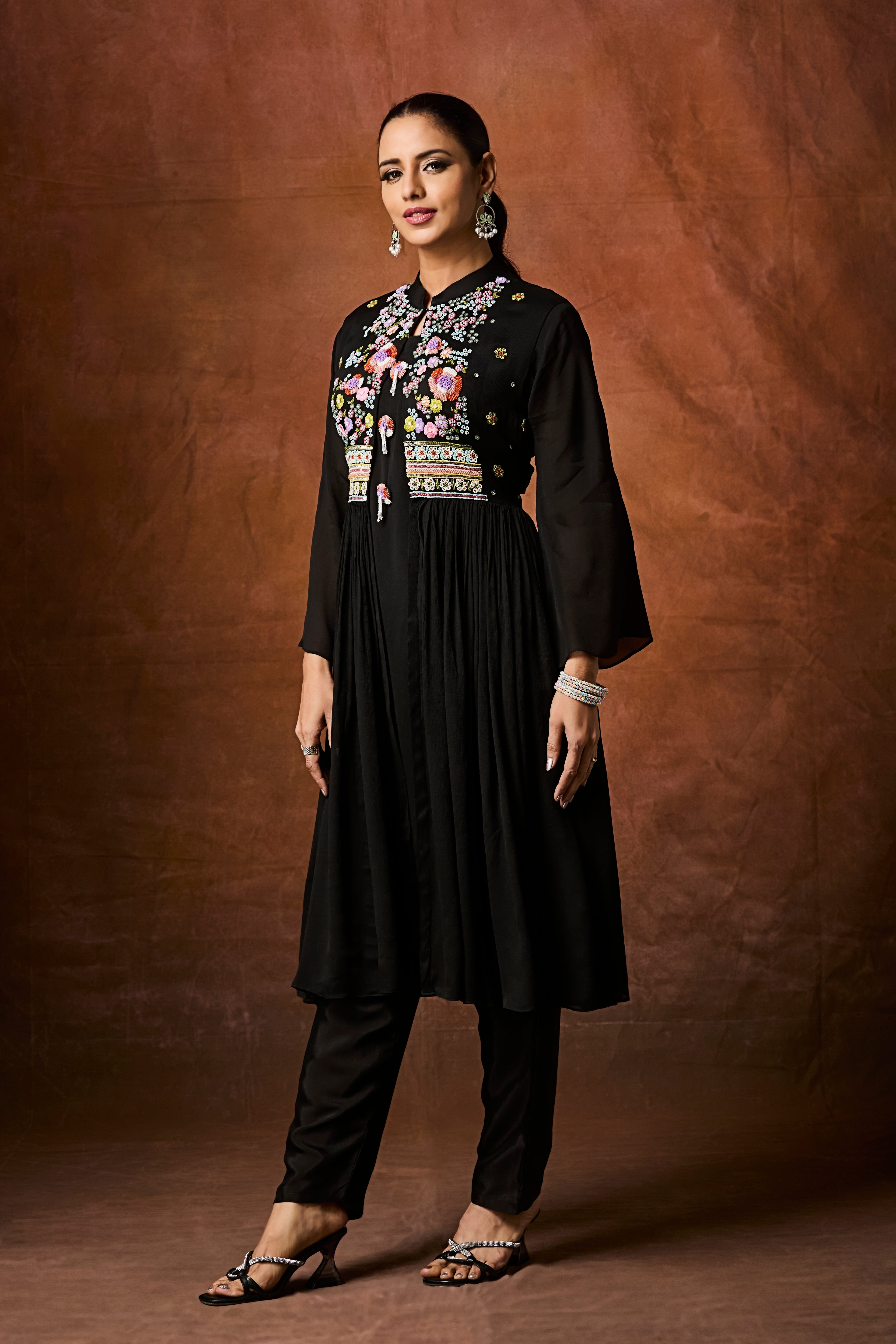 Jet Black Embellished Chinon Silk Anarkali Set