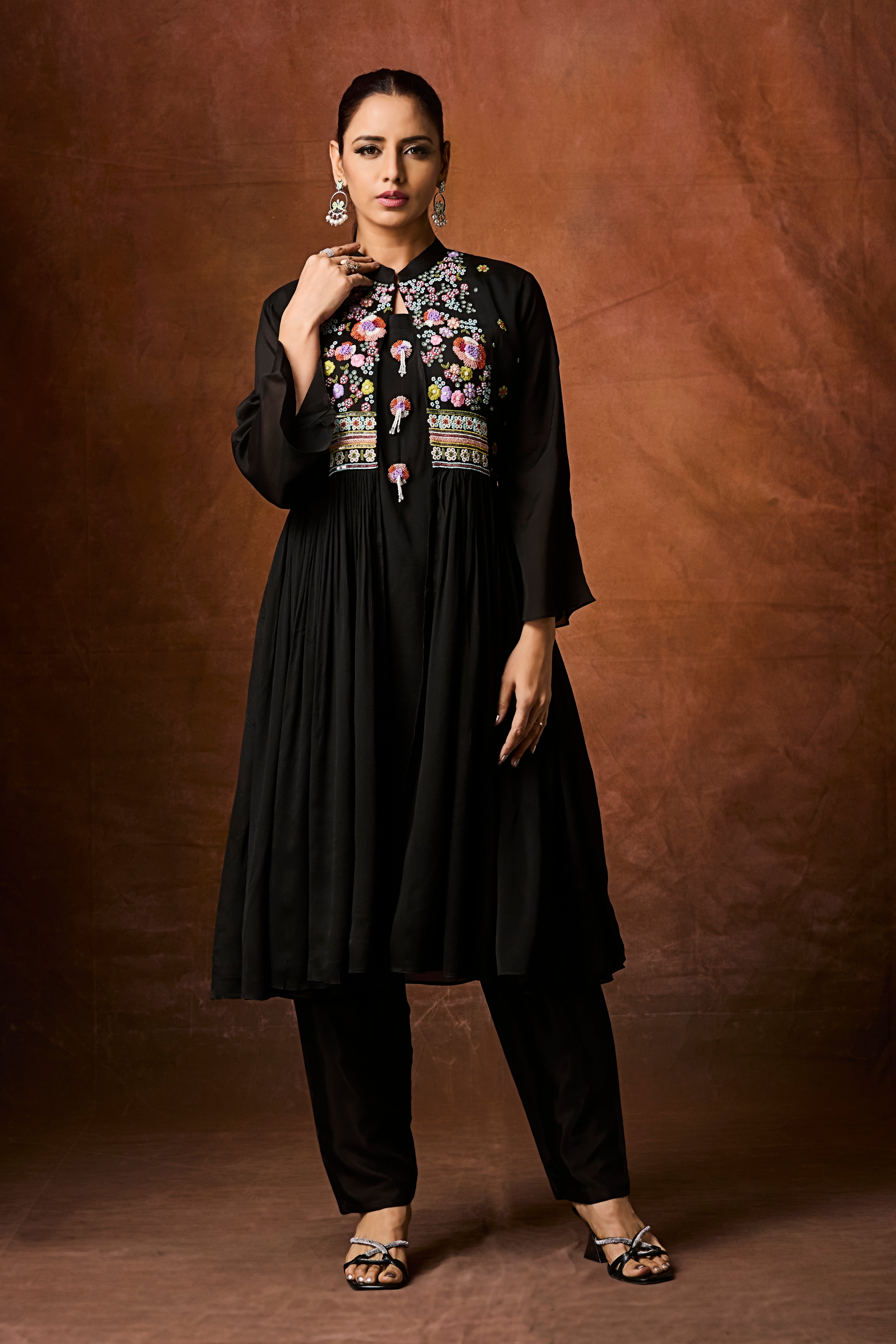 Jet Black Embellished Chinon Silk Anarkali Set