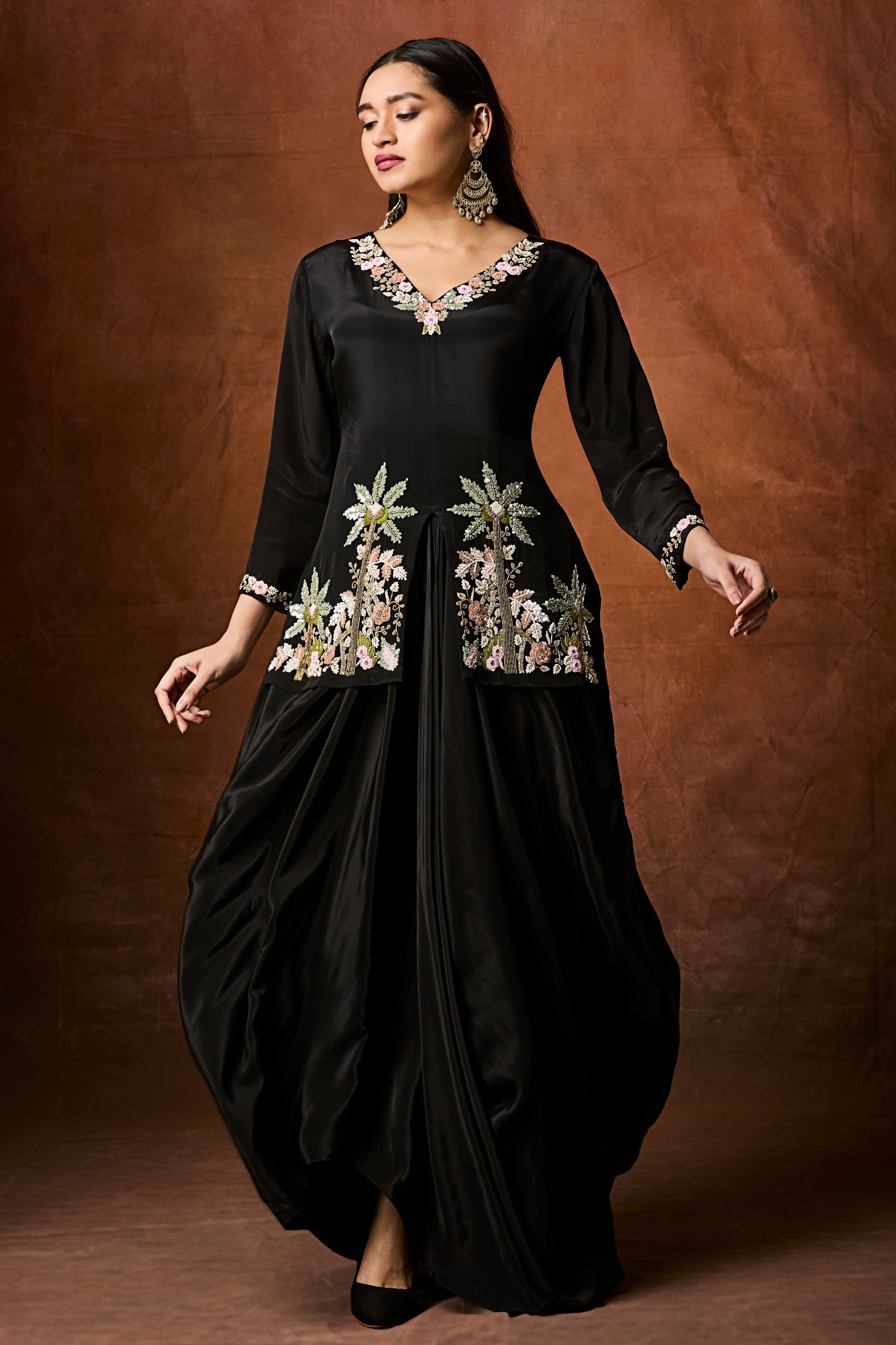 Rich Black Embellished Crepe Silk Skirt Set