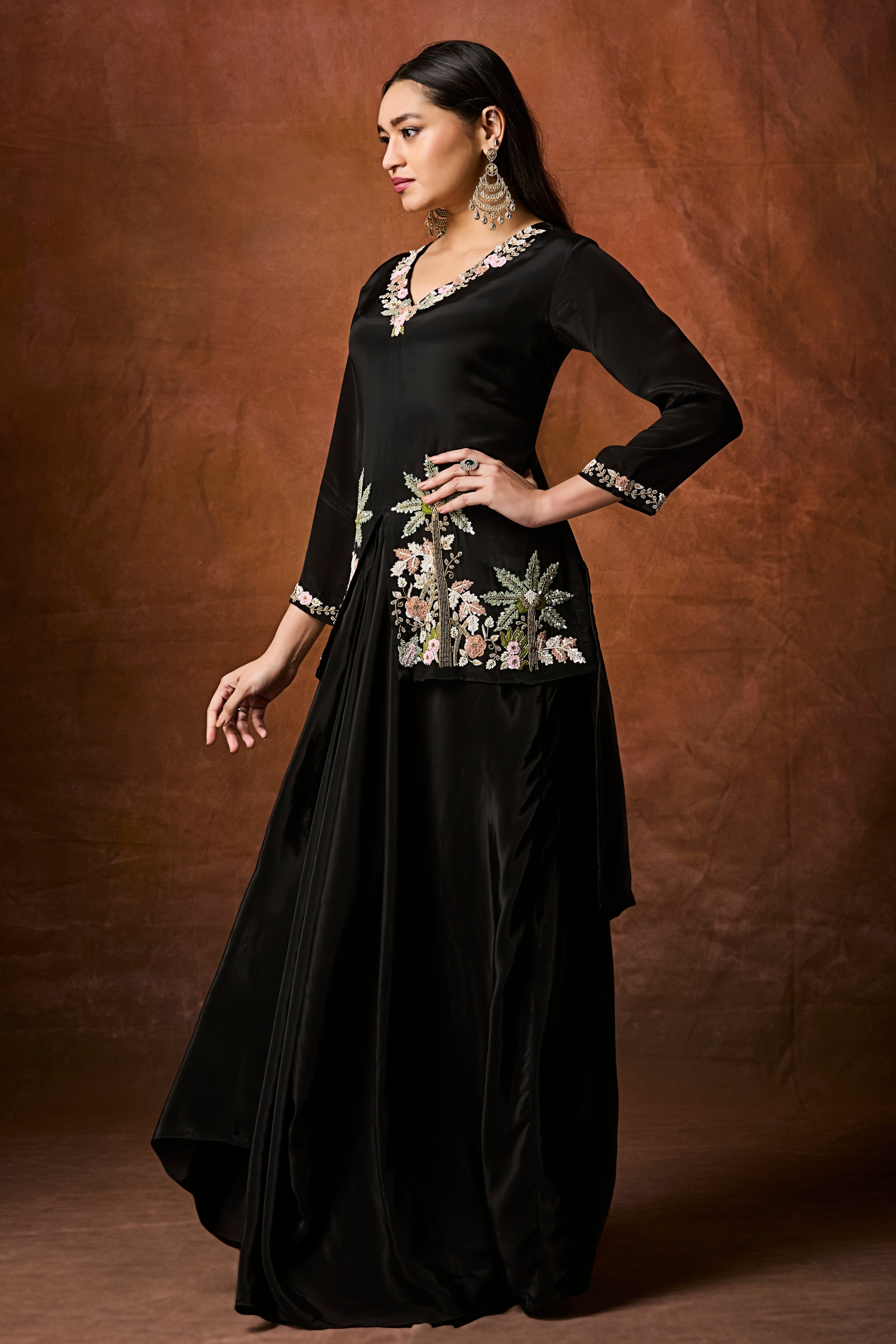 Rich Black Embellished Crepe Silk Skirt Set