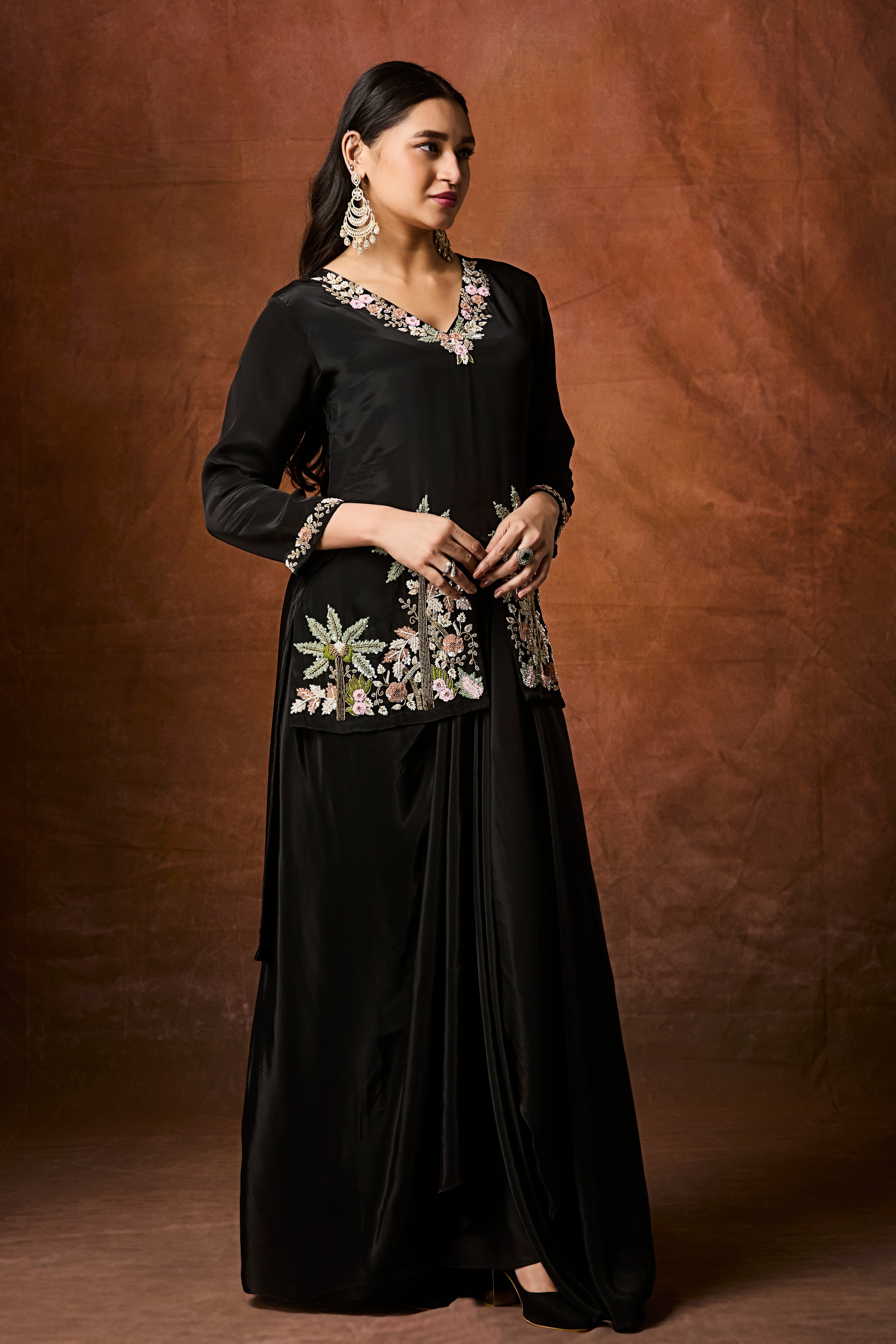 Rich Black Embellished Crepe Silk Skirt Set