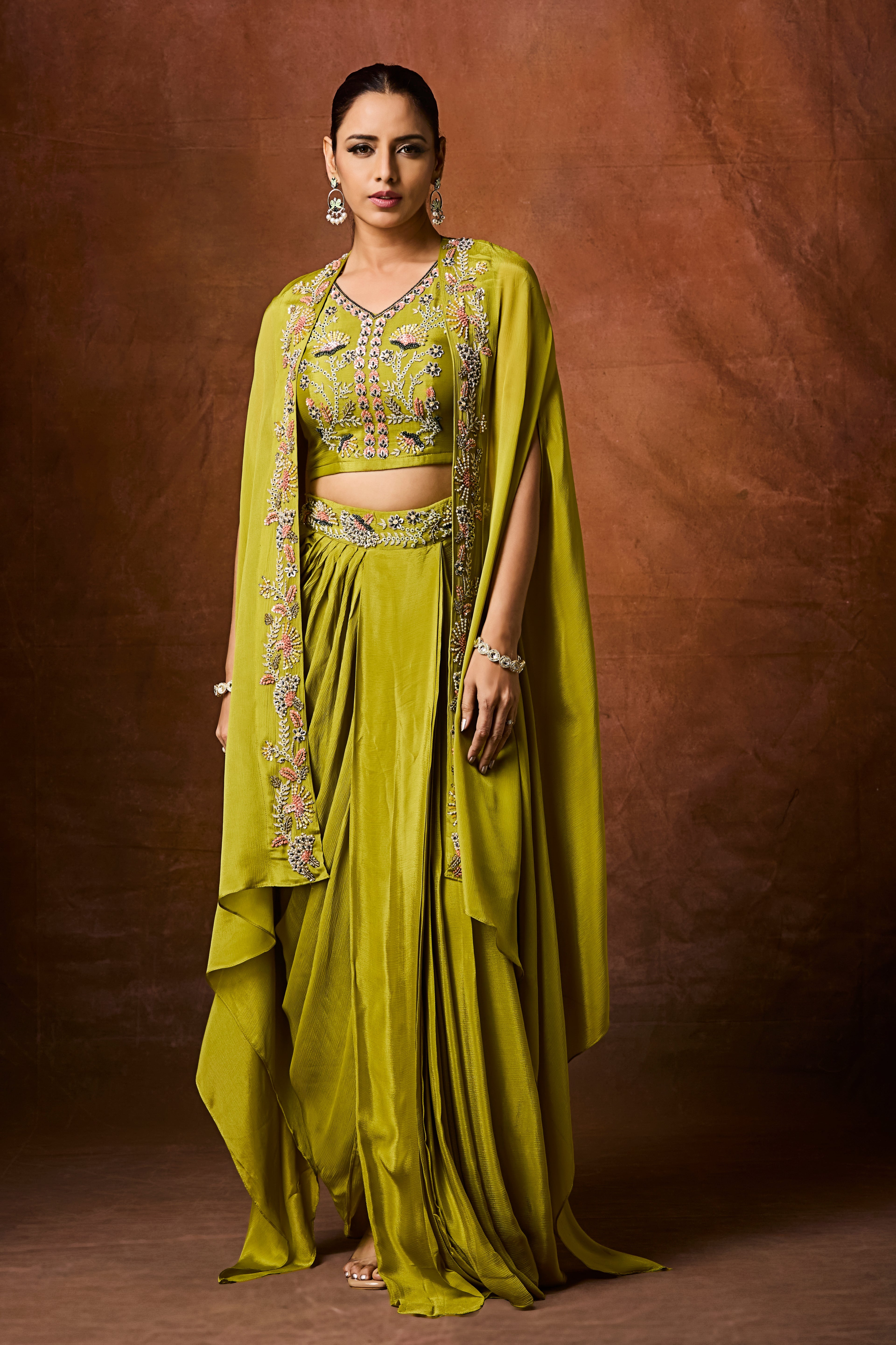 Mehandi Green Embellished Chinon Silk Cape Set