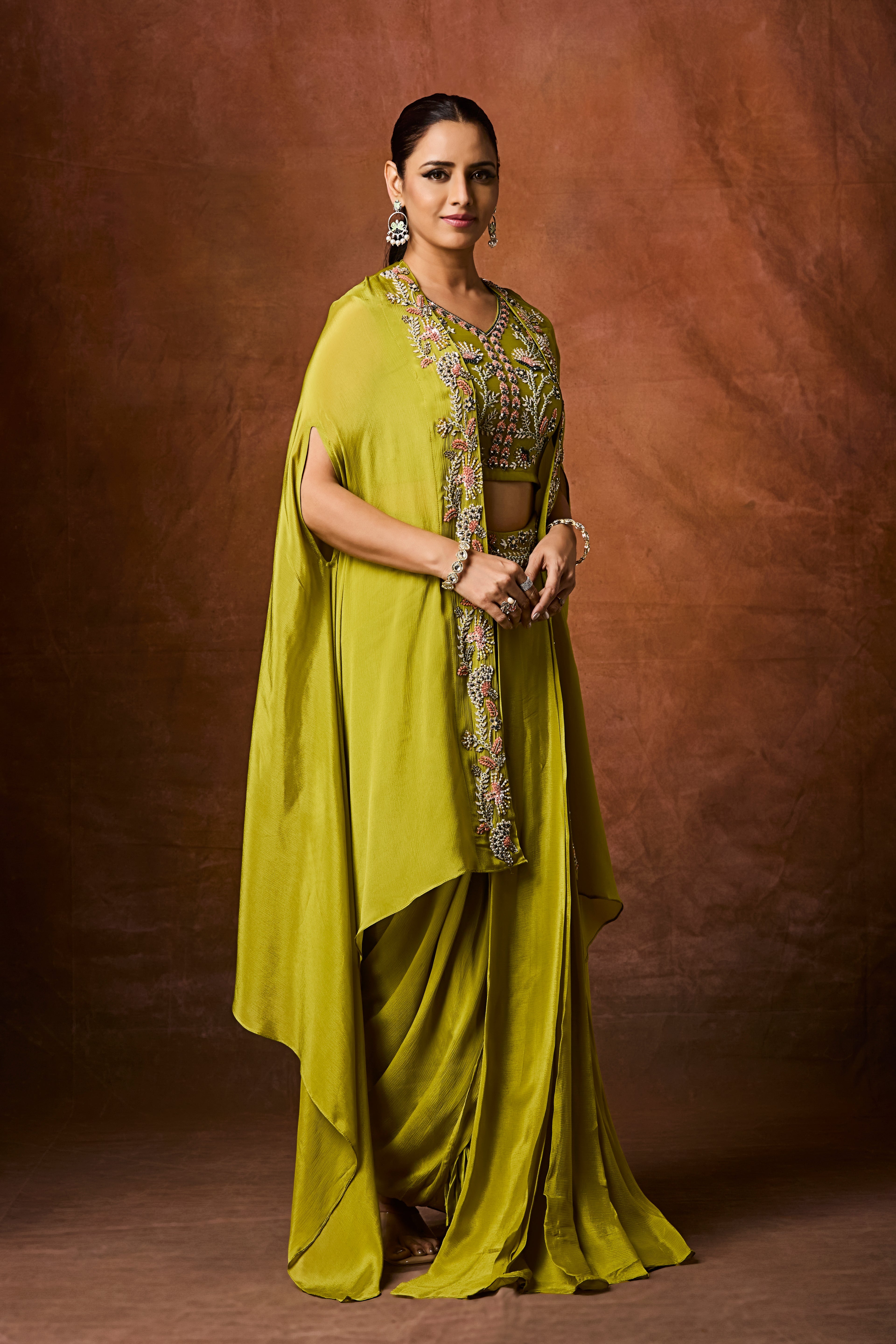 Mehandi Green Embellished Chinon Silk Cape Set
