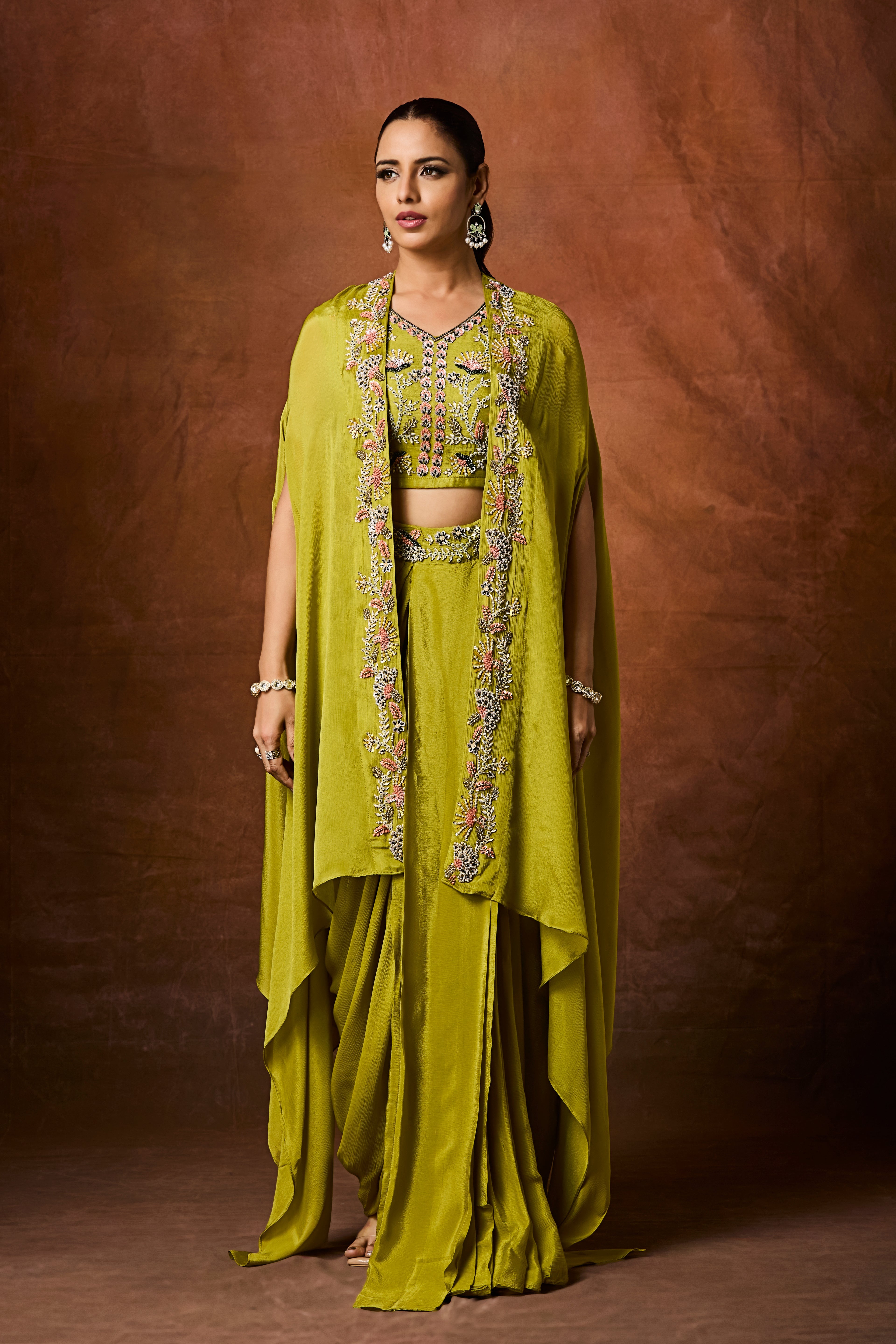 Mehandi Green Embellished Chinon Silk Cape Set