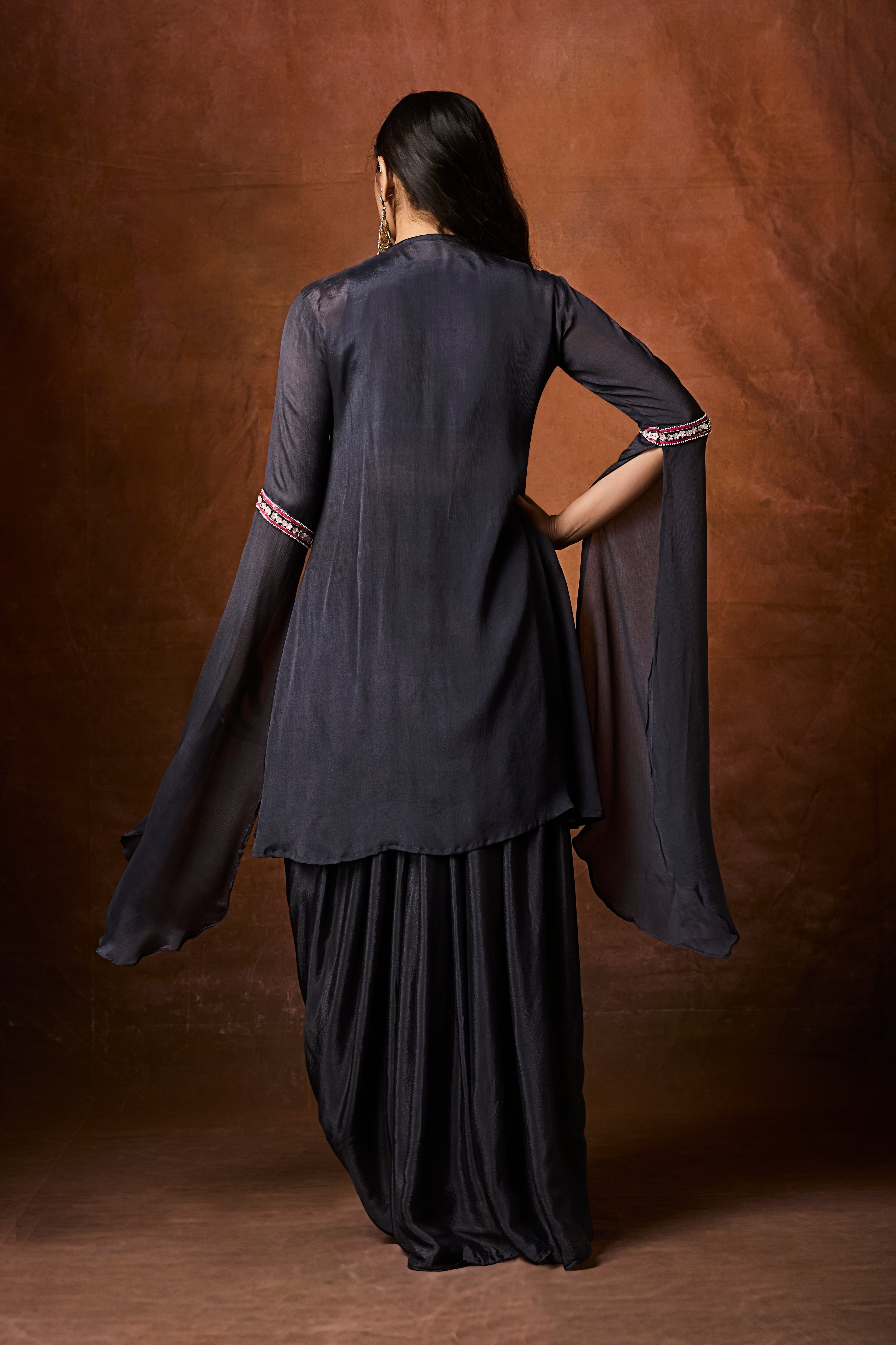 Dark Grey Embellished Chinon Silk Drape Skirt Set