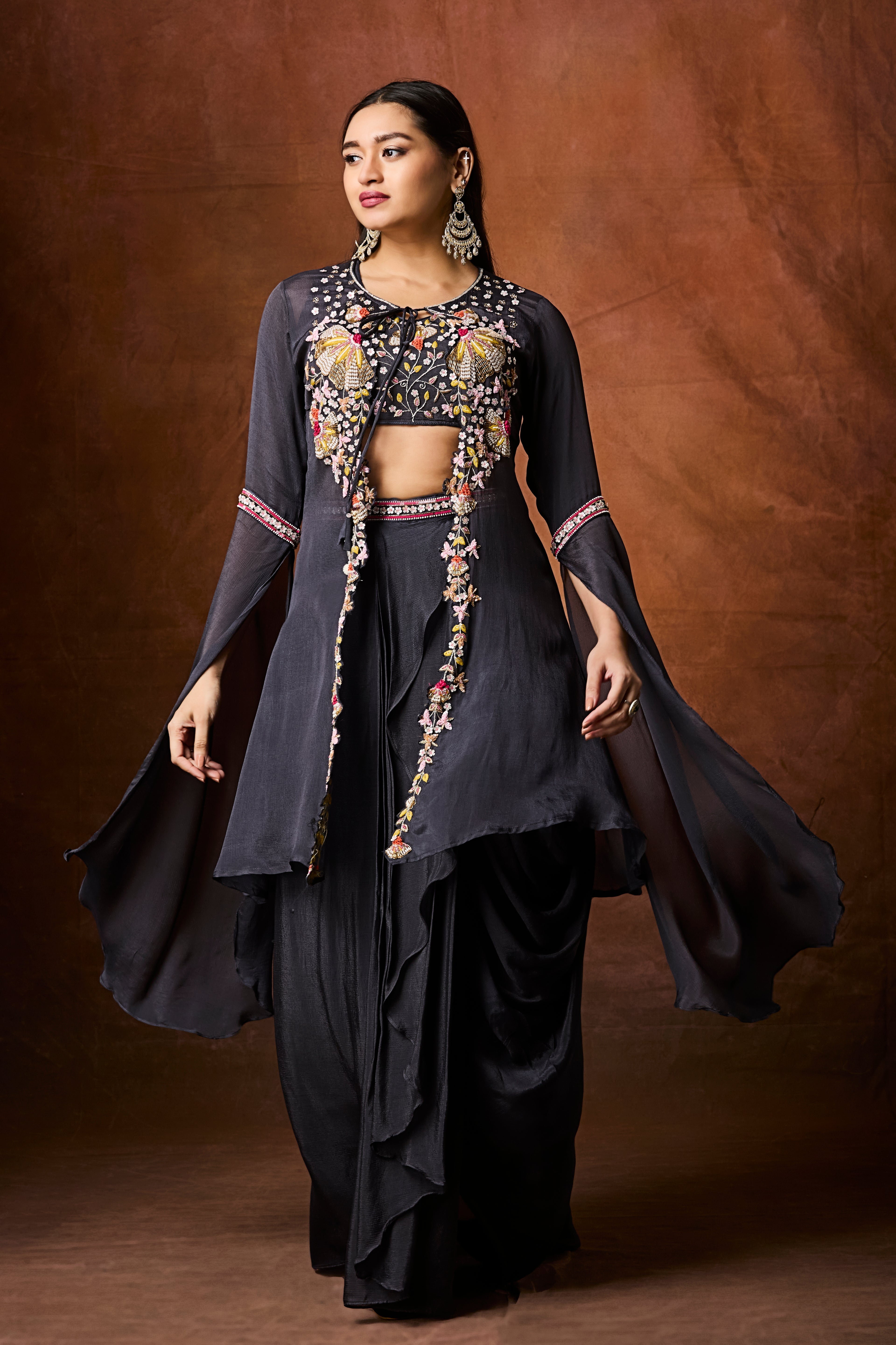 Dark Grey Embellished Chinon Silk Drape Skirt Set