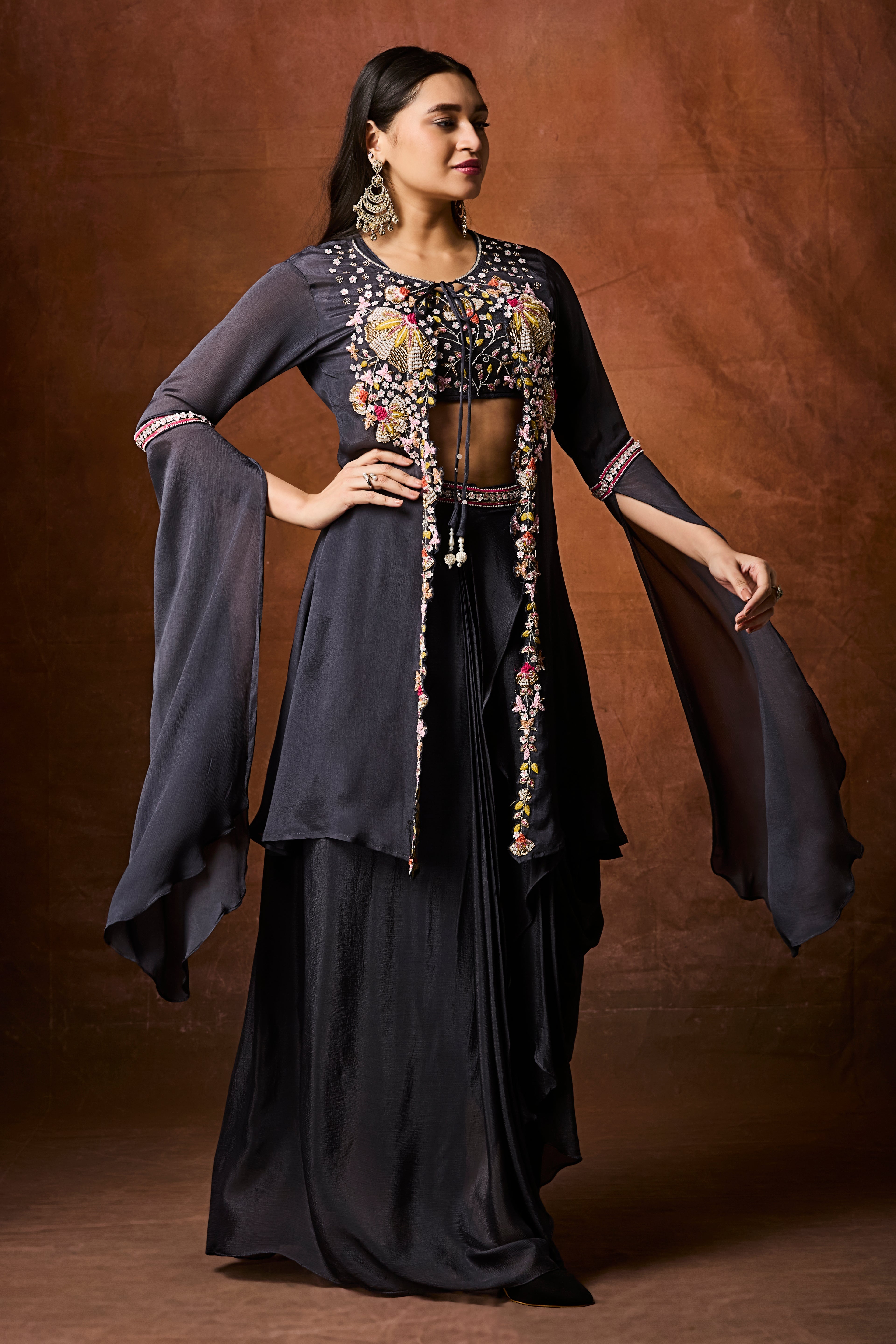 Dark Grey Embellished Chinon Silk Drape Skirt Set