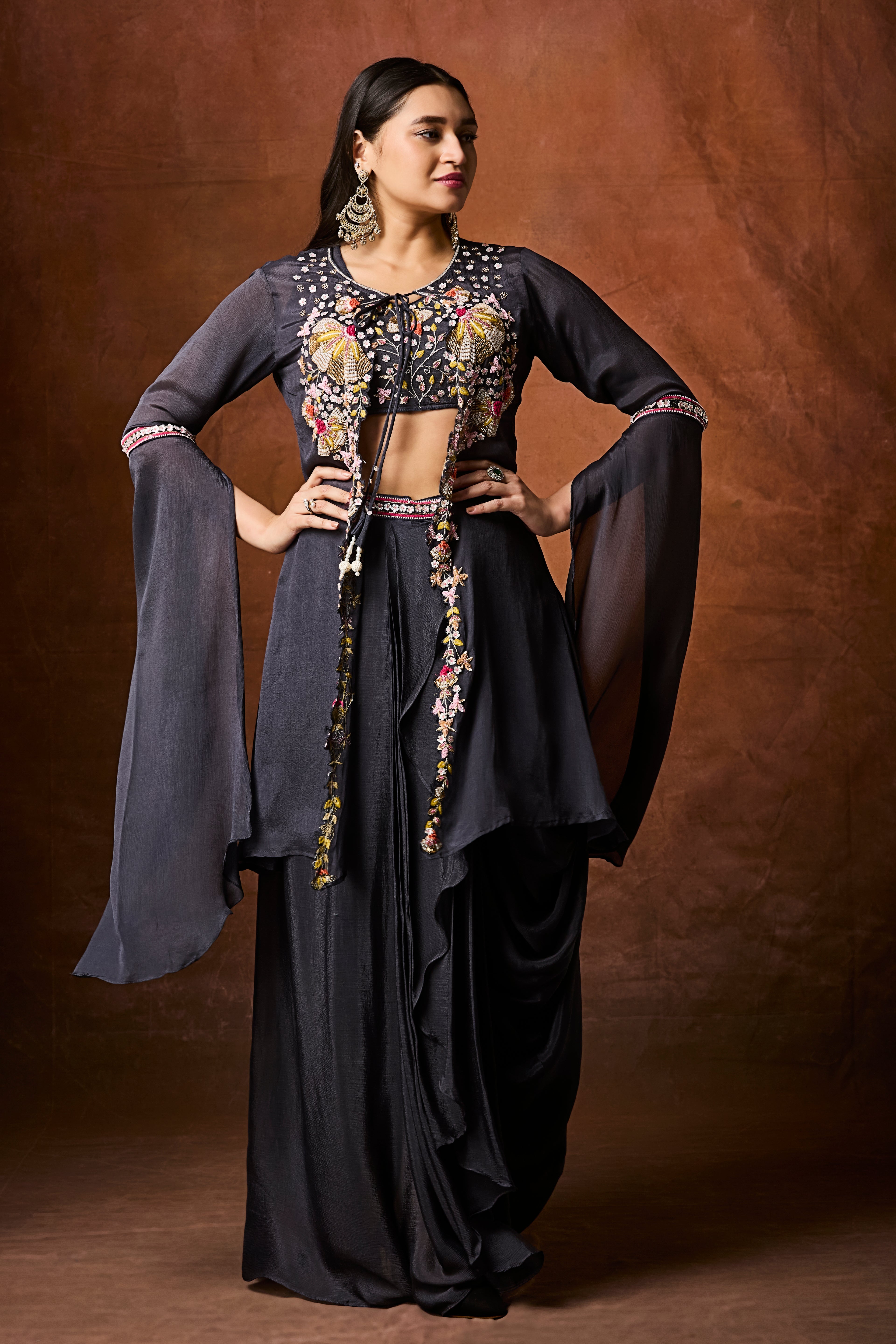 Dark Grey Embellished Chinon Silk Drape Skirt Set
