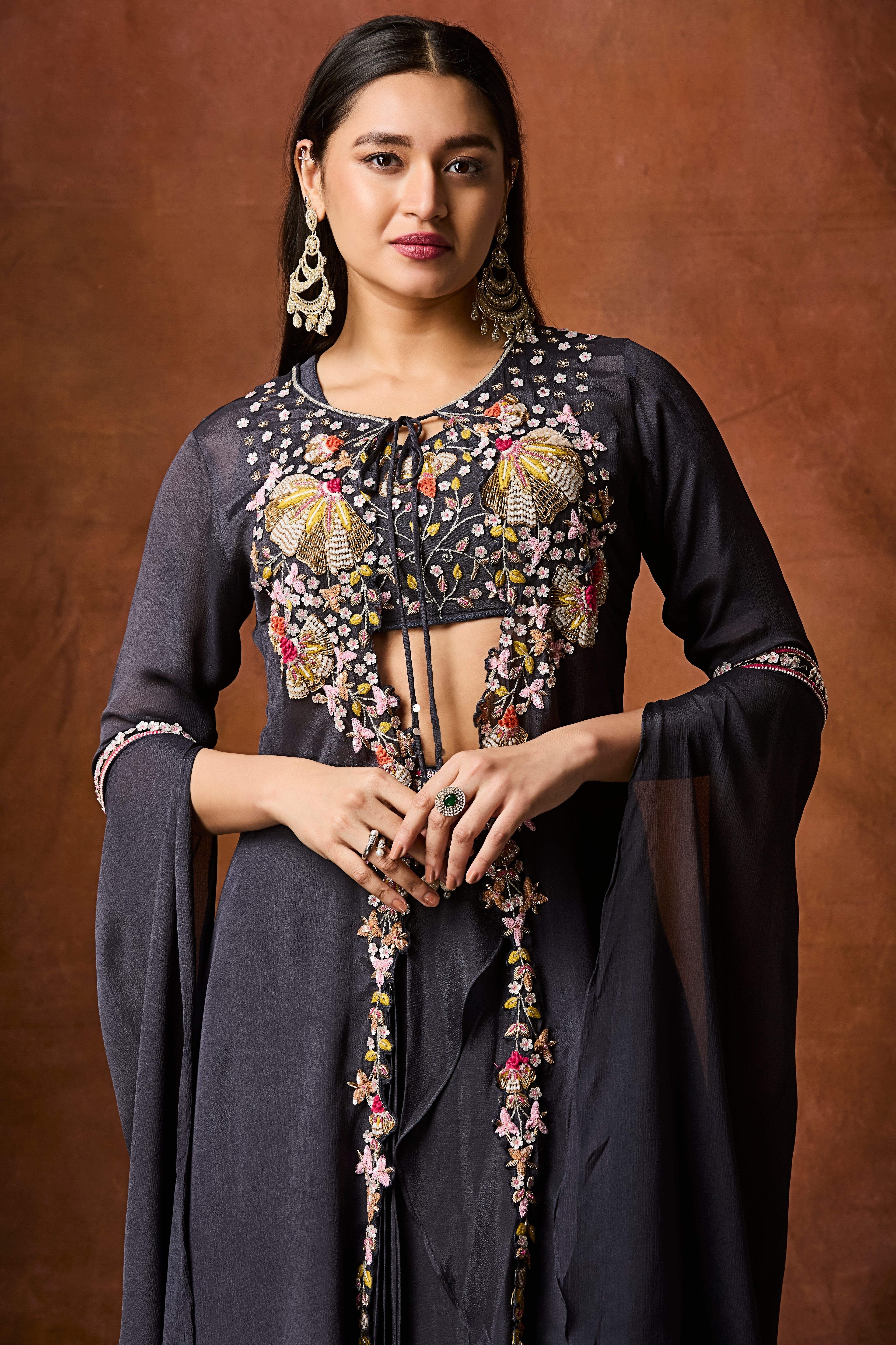 Dark Grey Embellished Chinon Silk Drape Skirt Set