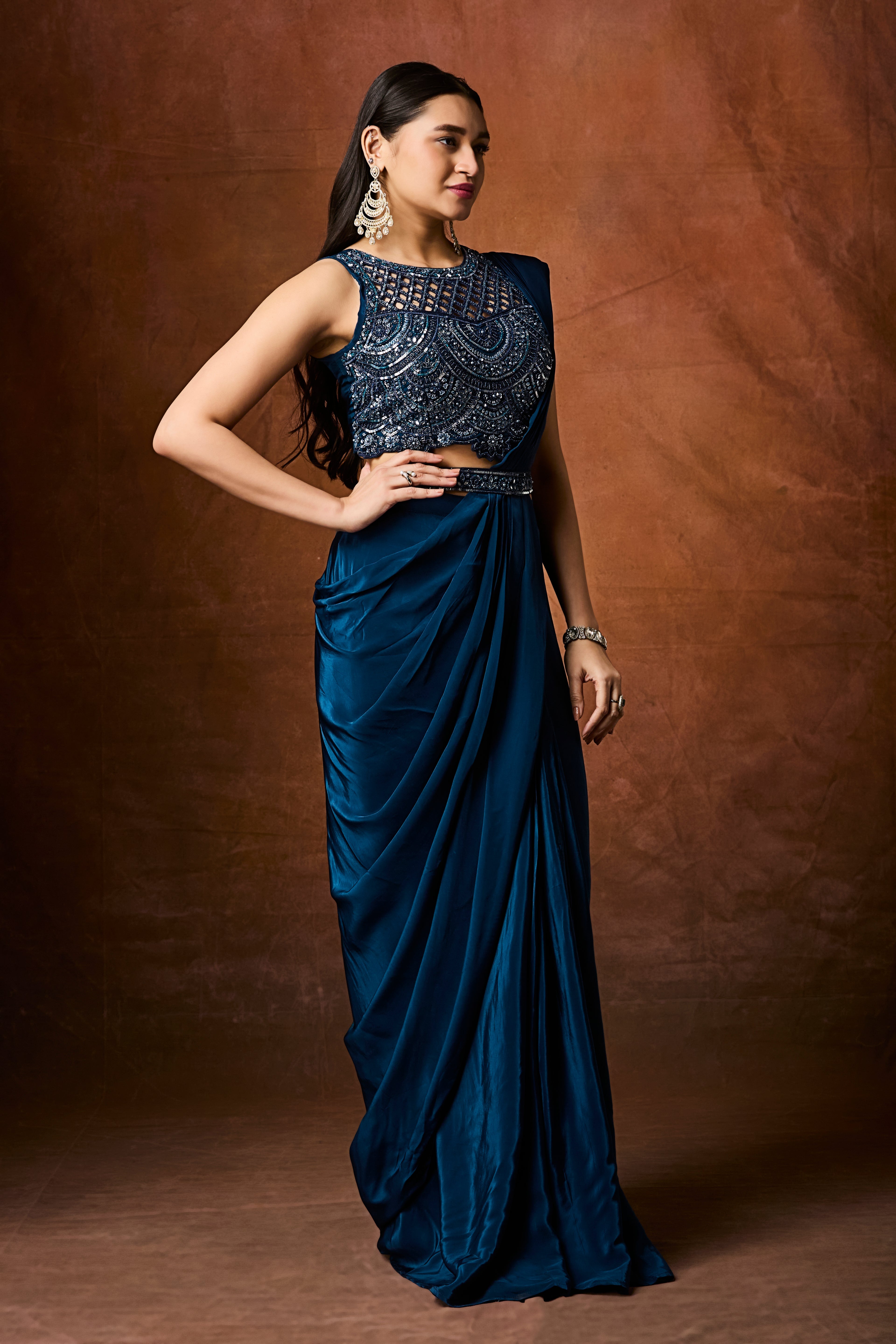 Jade Blue Embellished Crepe Silk Drape Saree