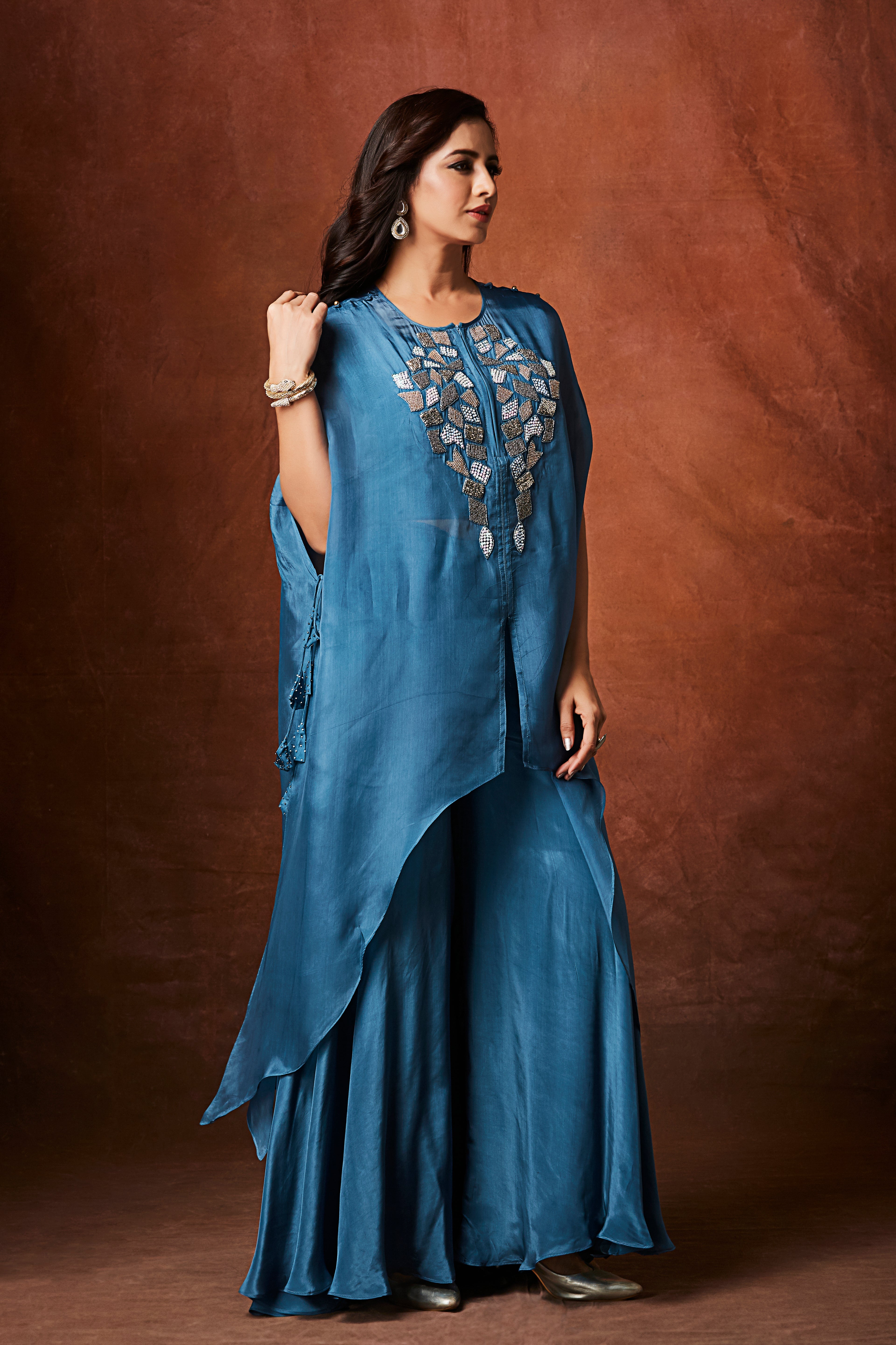 Dusty Blue Embellished Organza Silk Kaftan Set