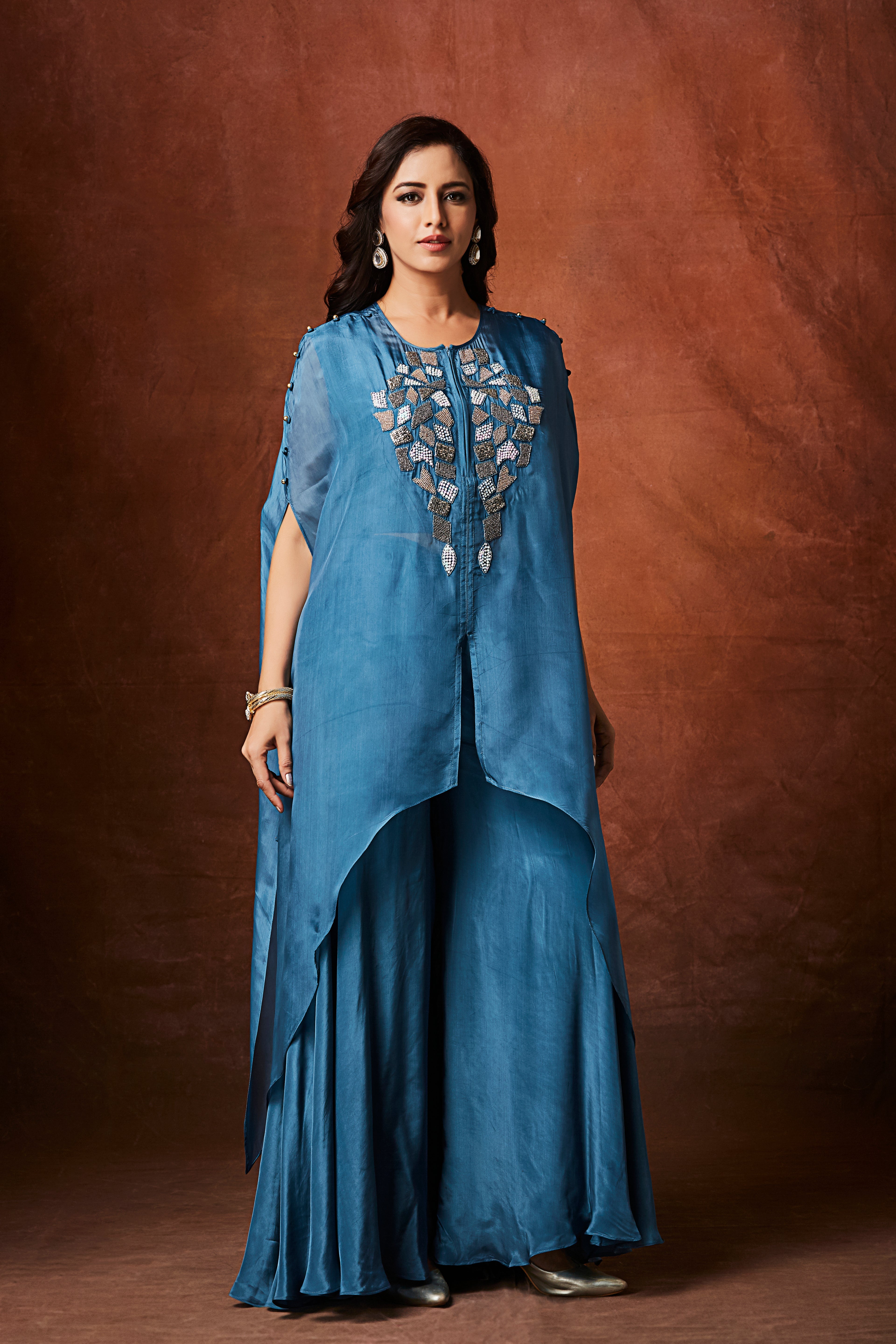Dusty Blue Embellished Organza Silk Kaftan Set