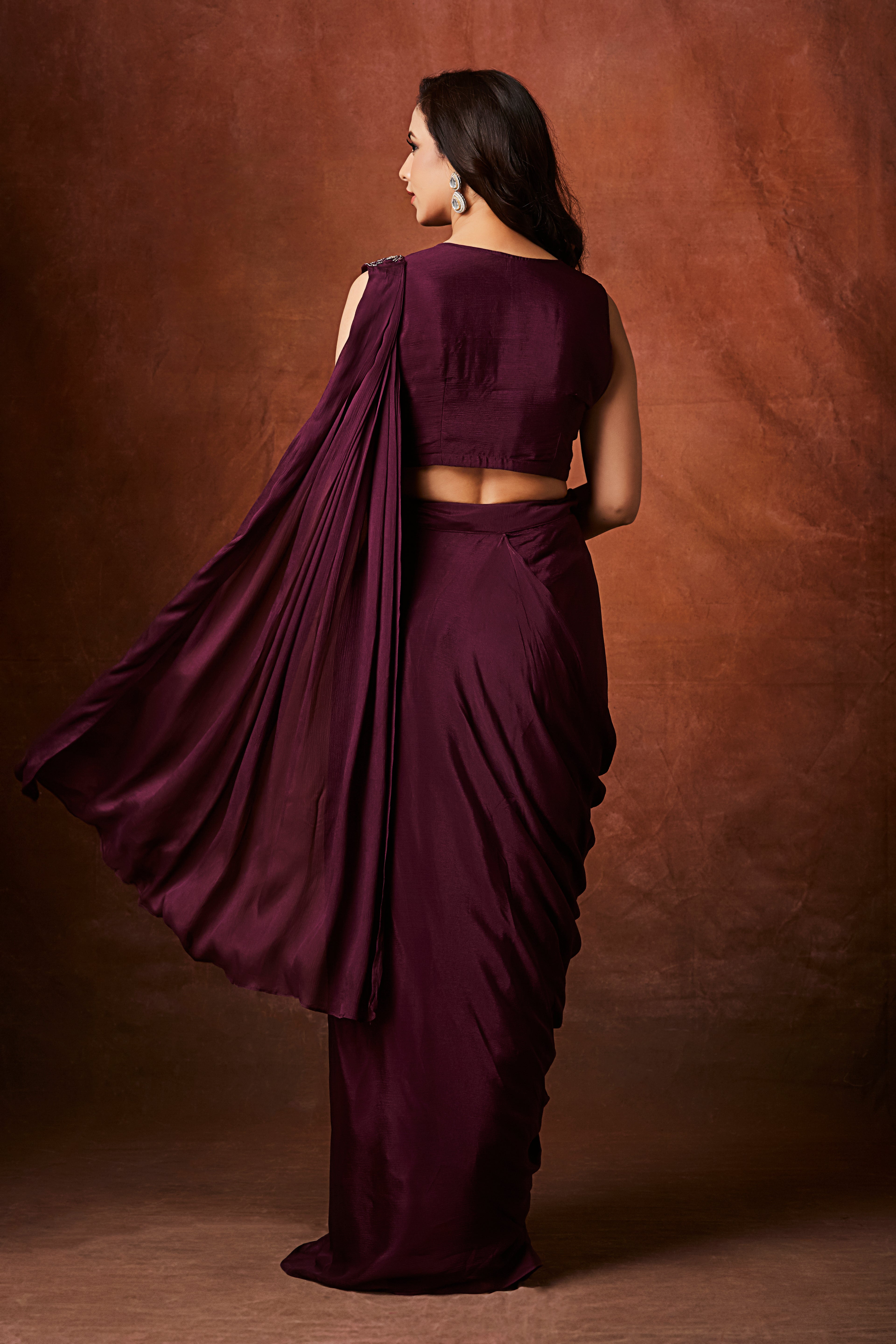 Wine Plum Embellished Crepe Silk Drape Saree