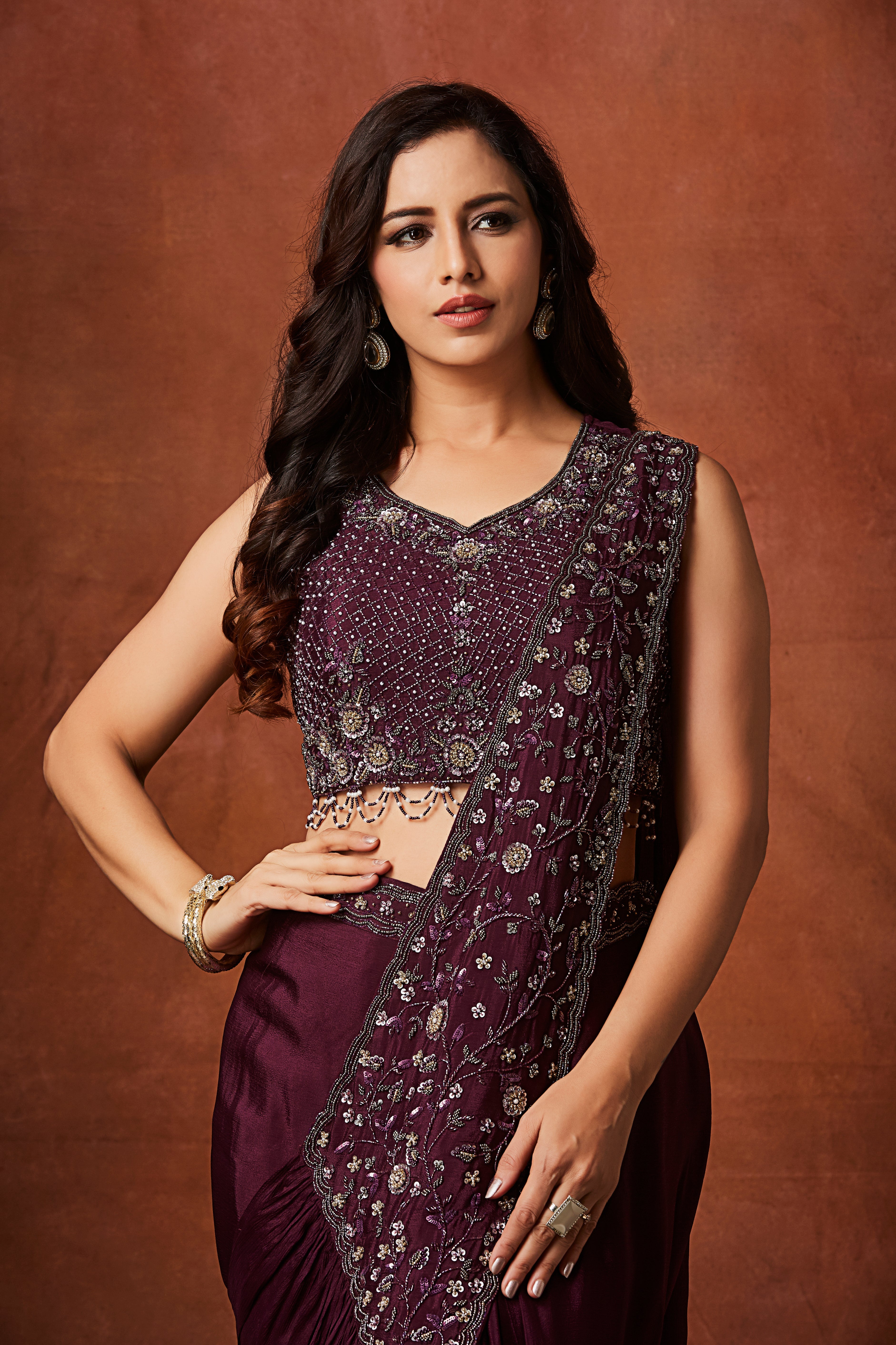Wine Plum Embellished Crepe Silk Drape Saree