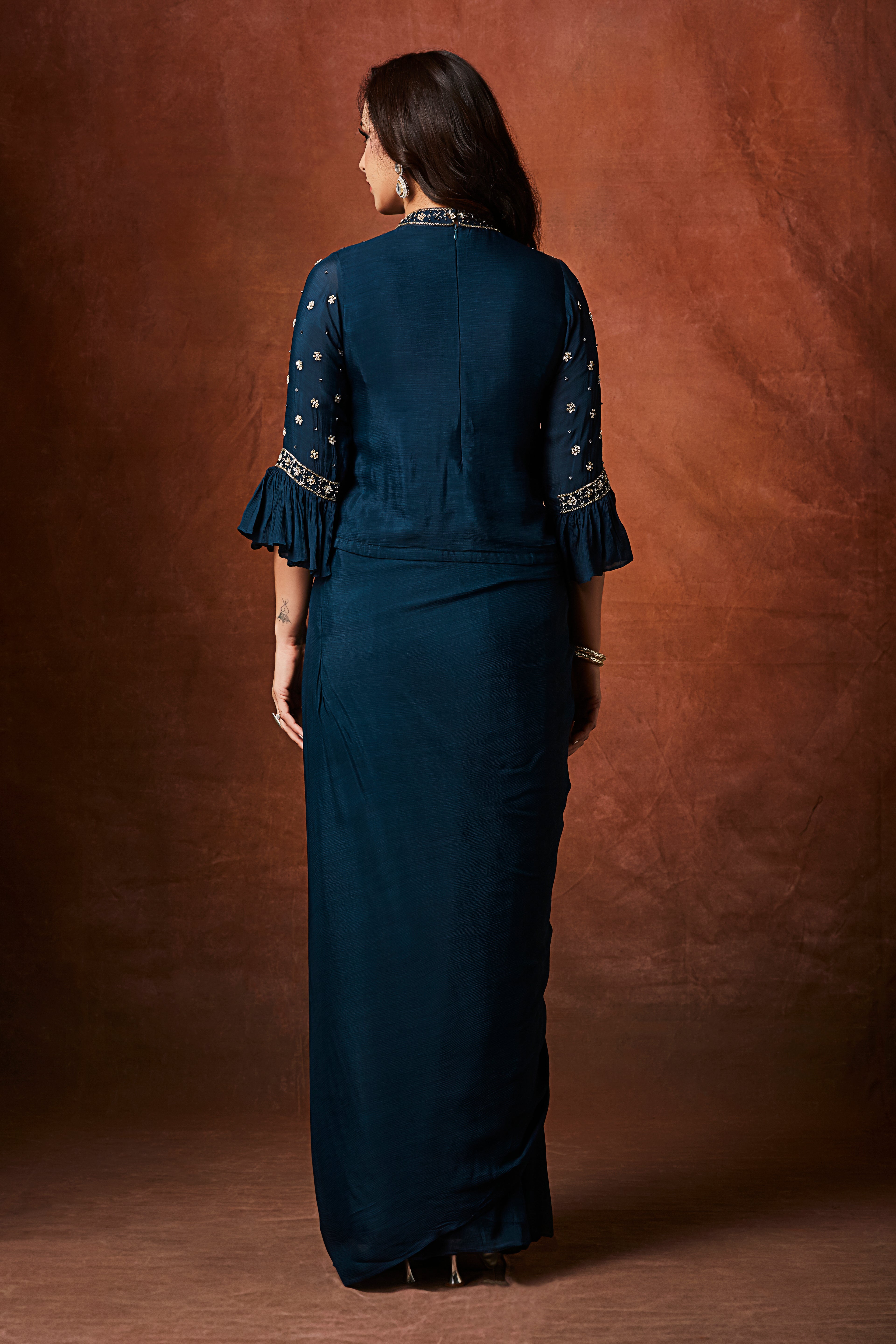 Deep Teal Embellished Chinon Silk Skirt Set