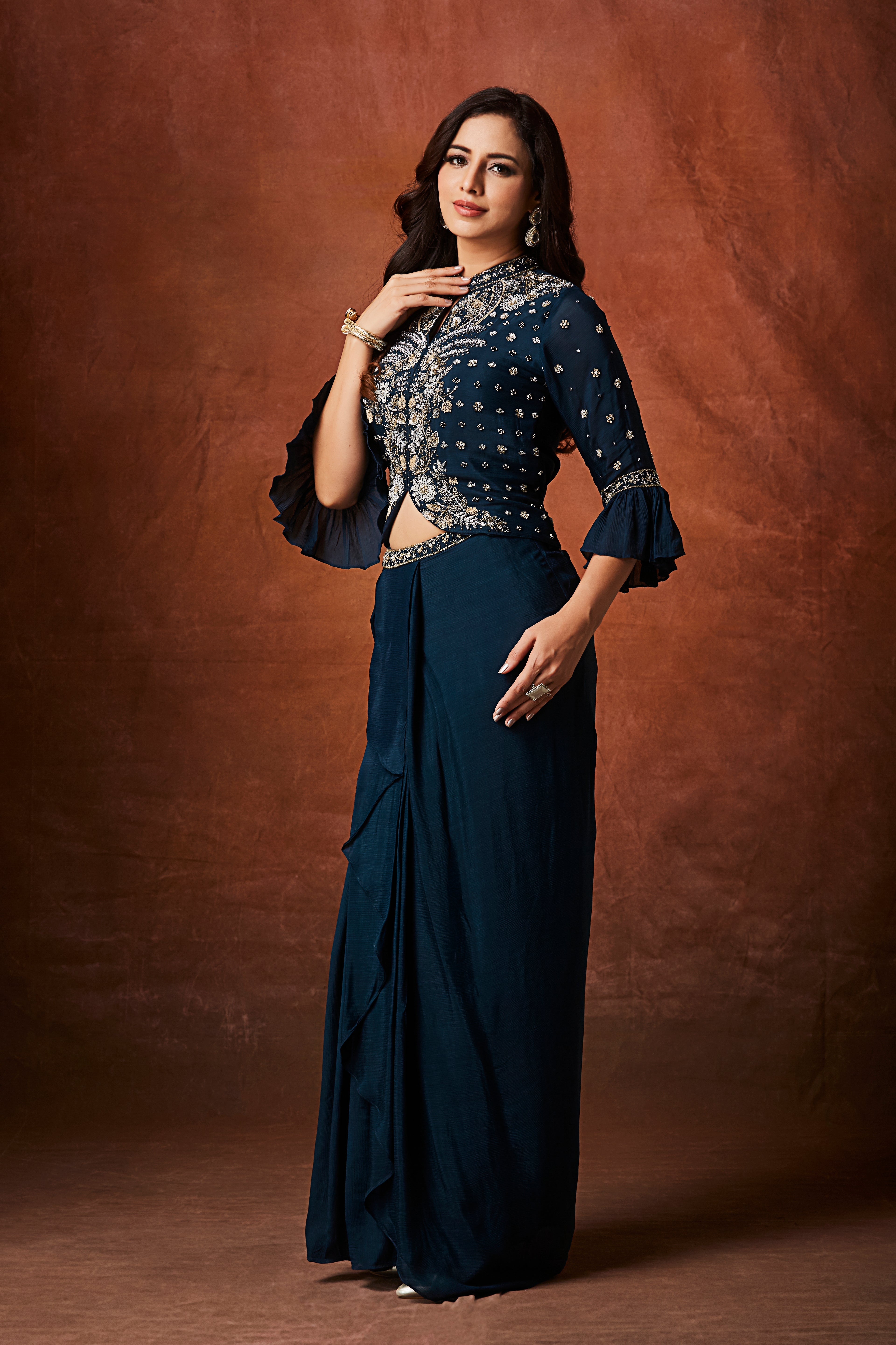 Deep Teal Embellished Chinon Silk Skirt Set