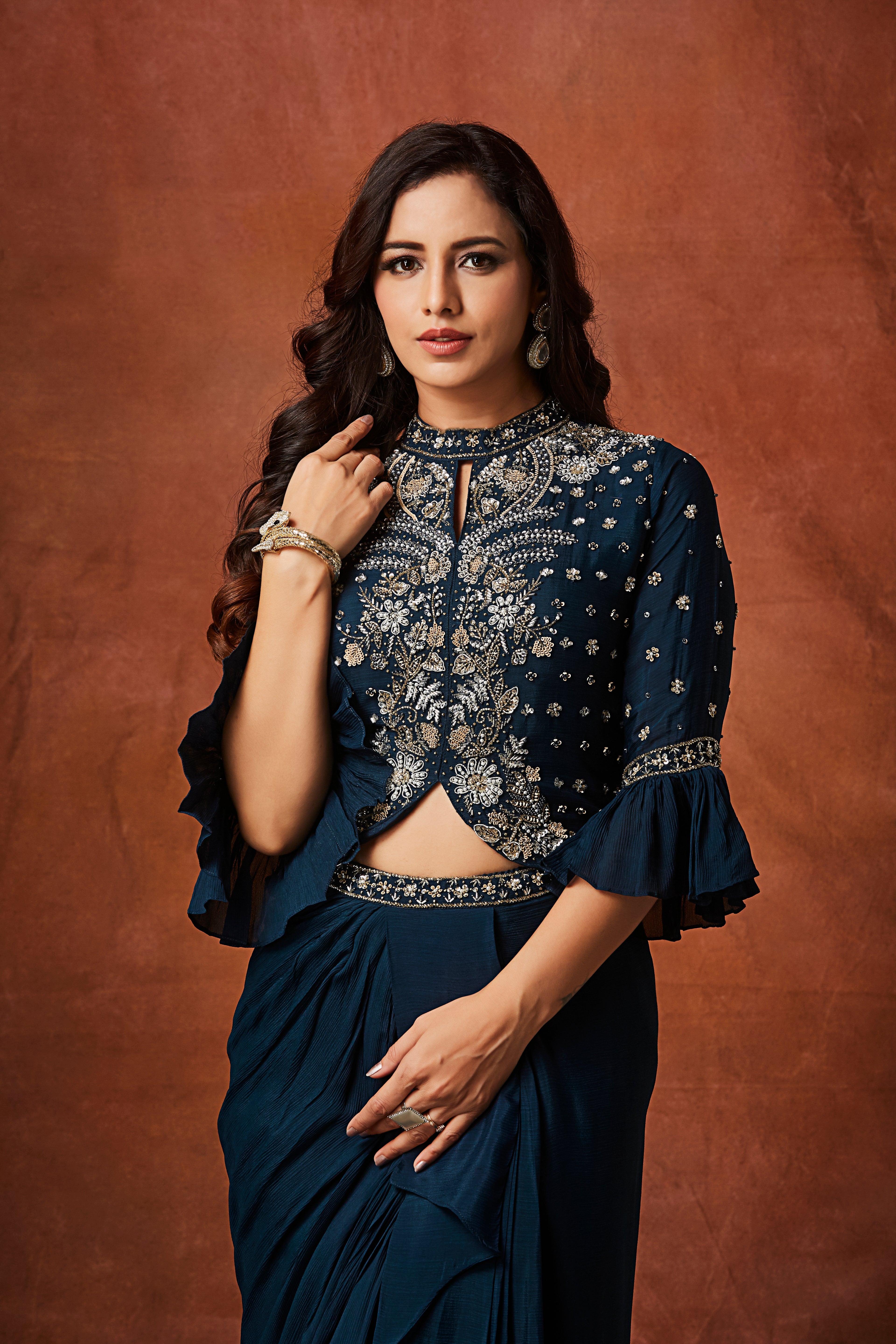 Deep Teal Embellished Chinon Silk Skirt Set