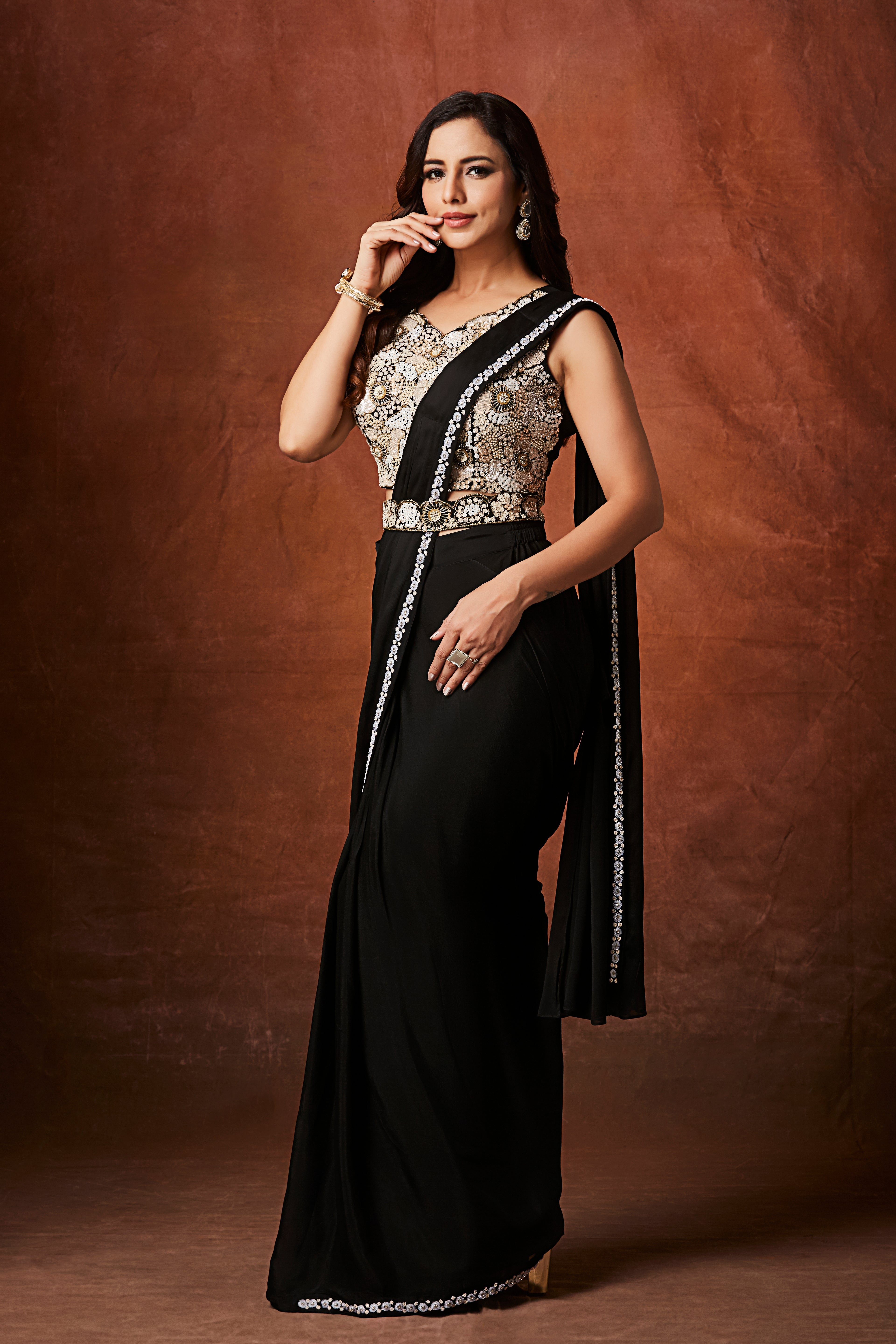 Chic Black Embellished Chinon Silk Drape Saree