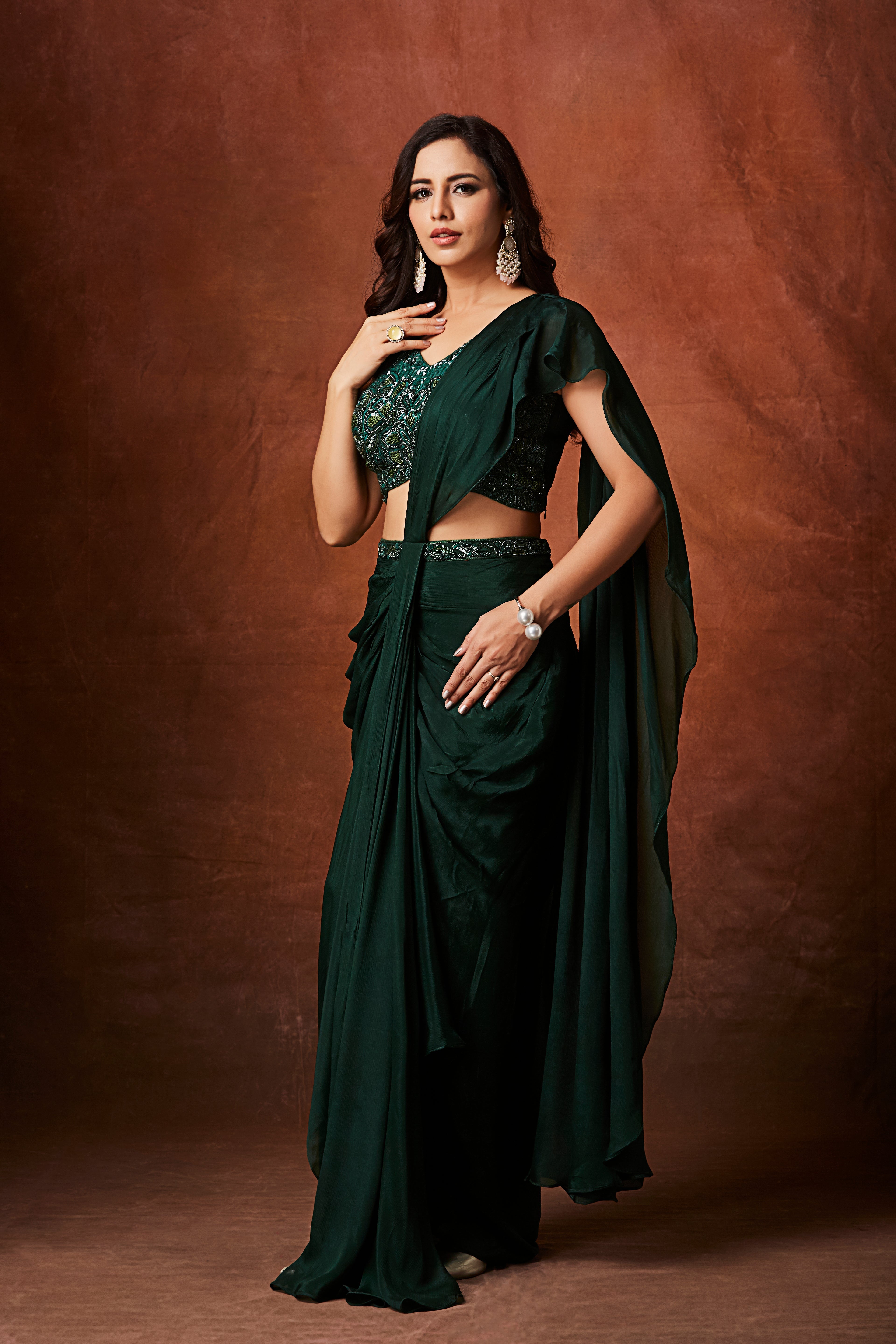 Deep Emerald Green Embellished Chinon Silk Drape Saree