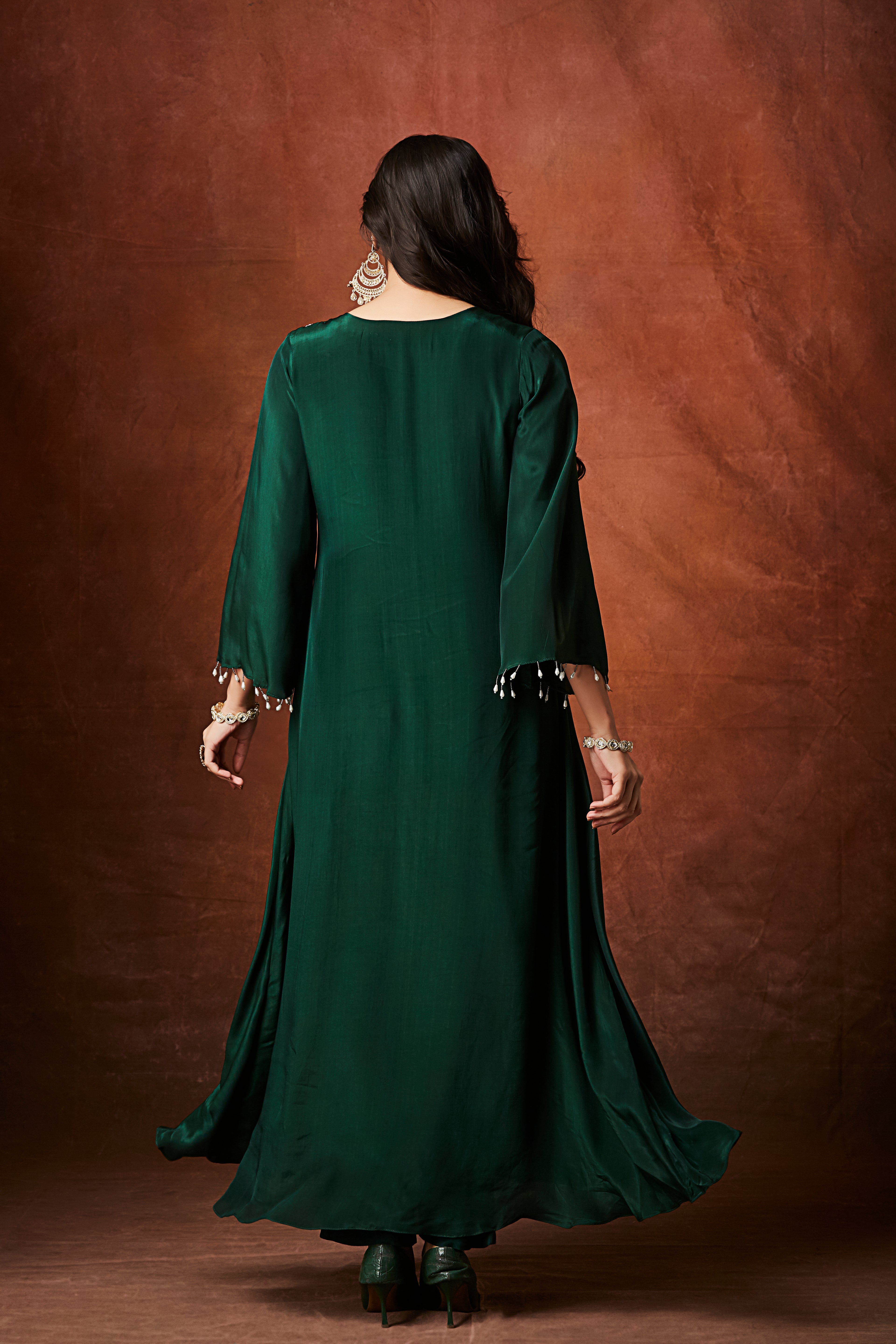 Bottle Green Embellished Chinon Silk Kurta Set