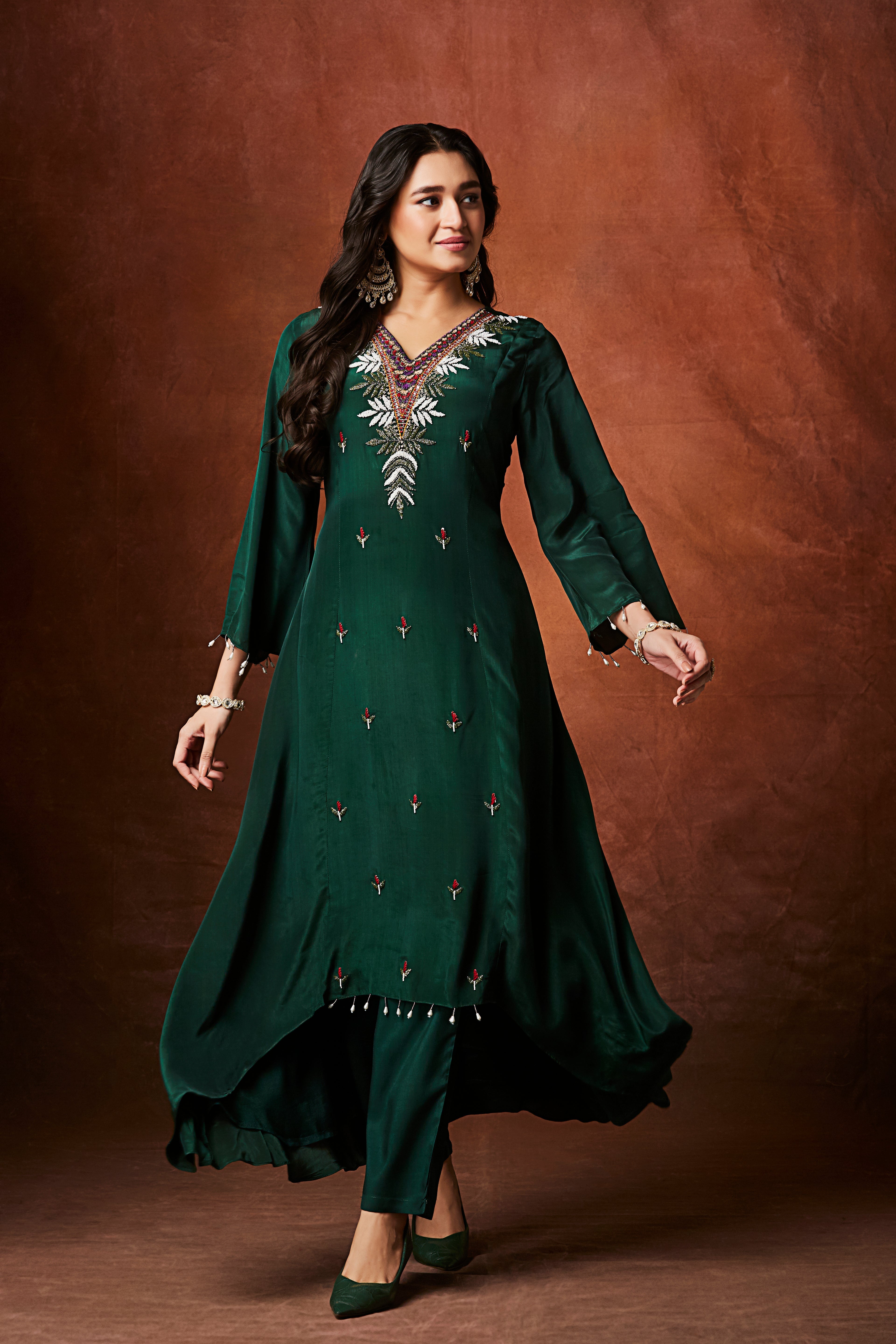 Bottle Green Embellished Chinon Silk Kurta Set