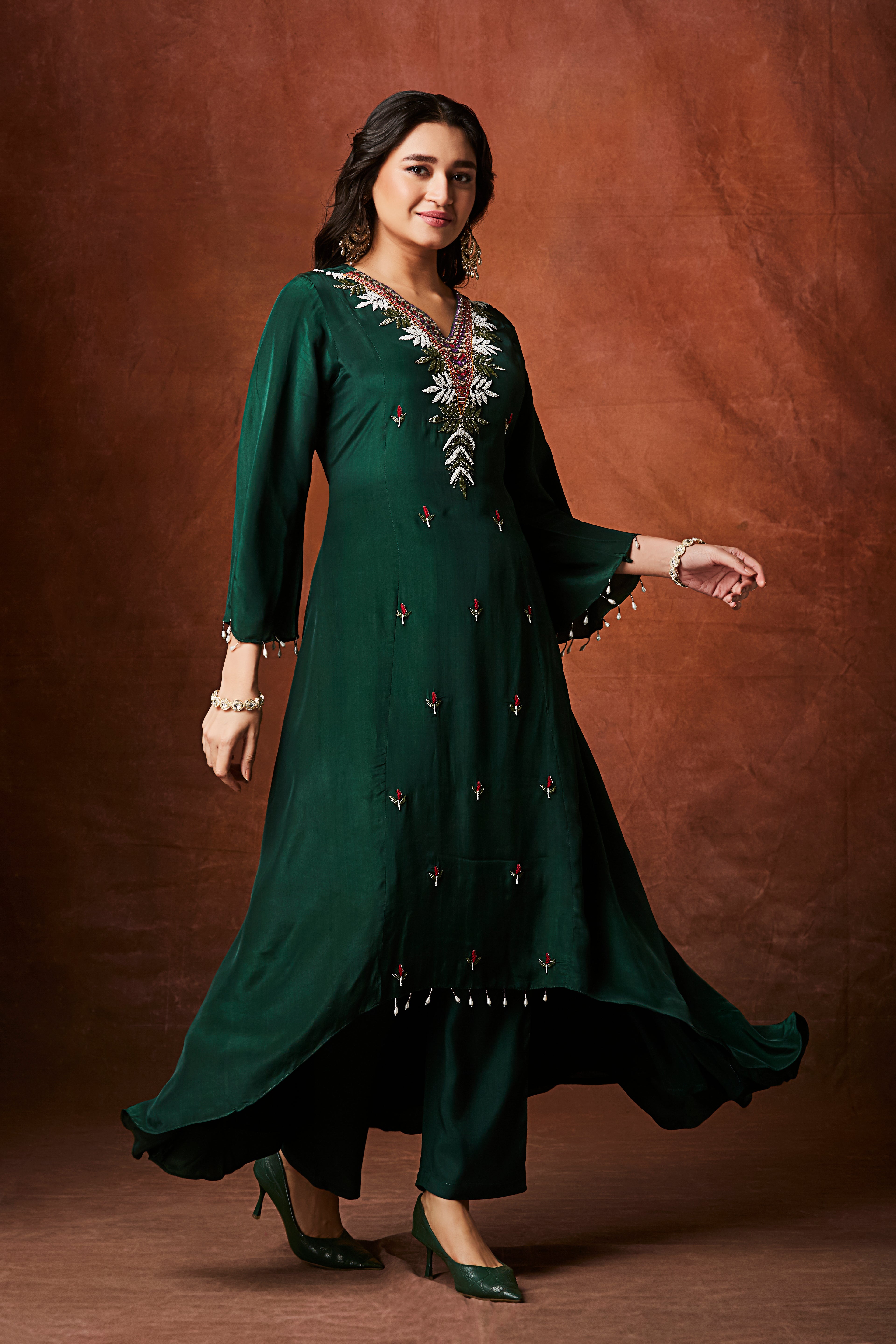 Bottle Green Embellished Chinon Silk Kurta Set