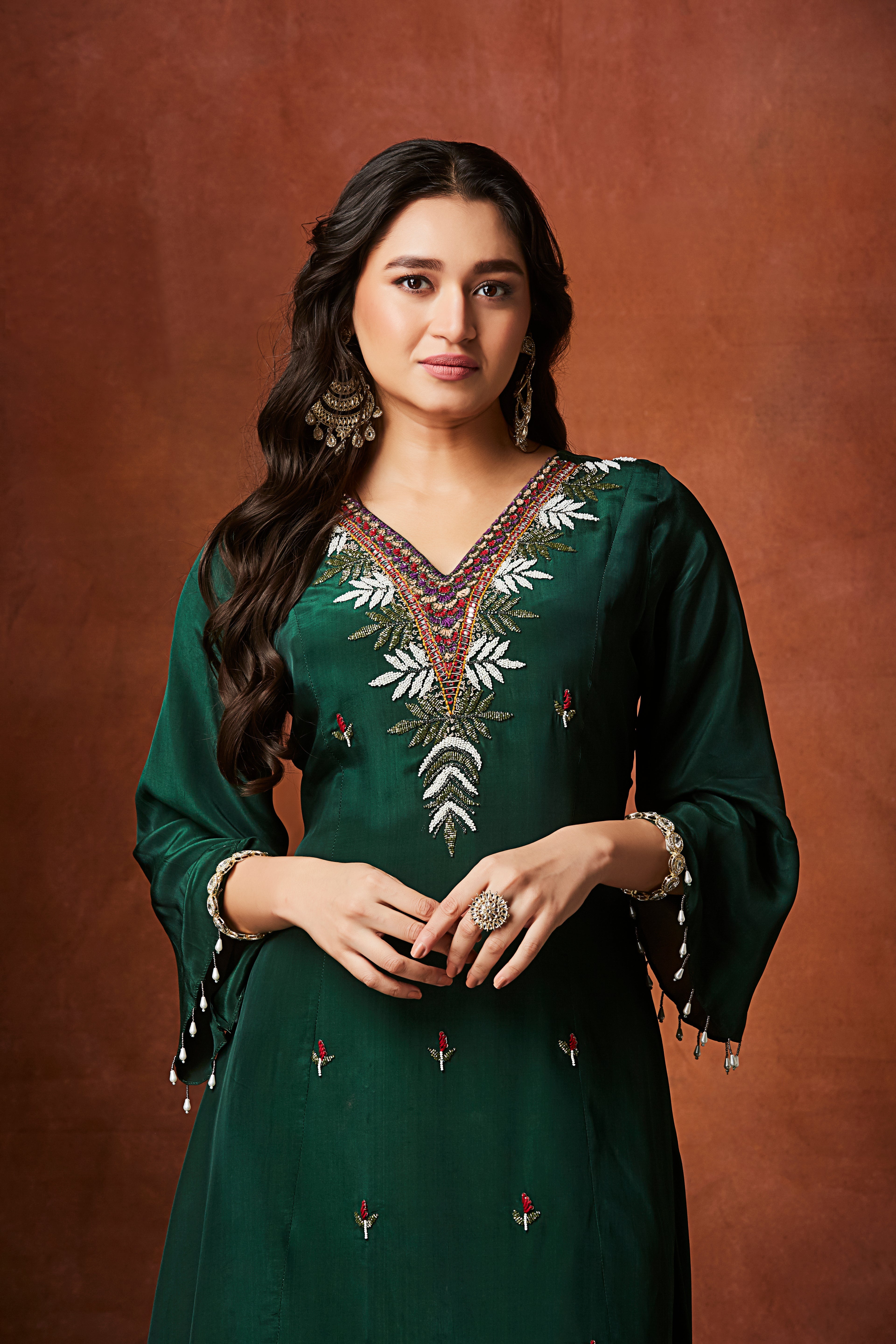 Bottle Green Embellished Chinon Silk Kurta Set