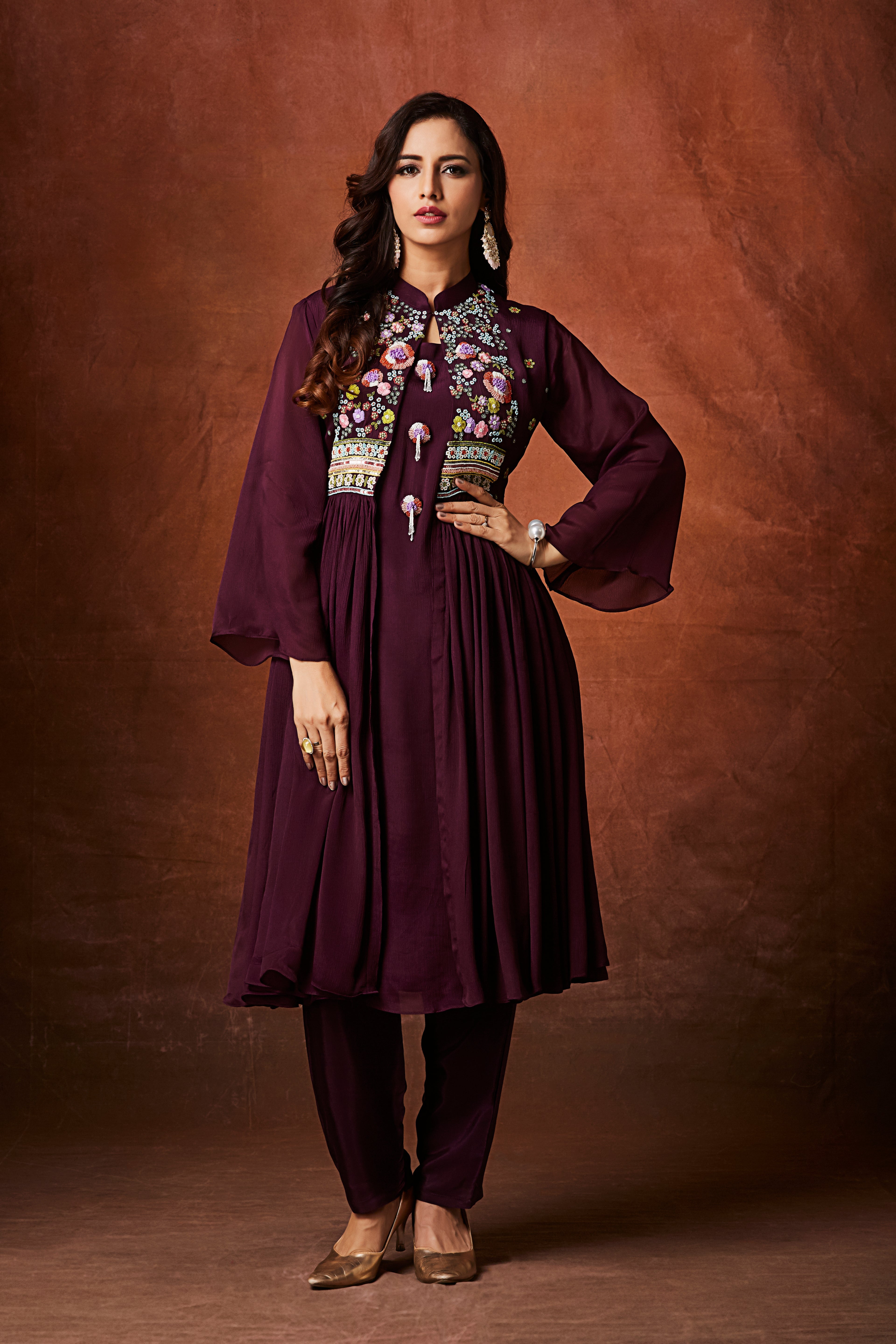Deep Wine Embellished Chinon Silk Anarkali Set