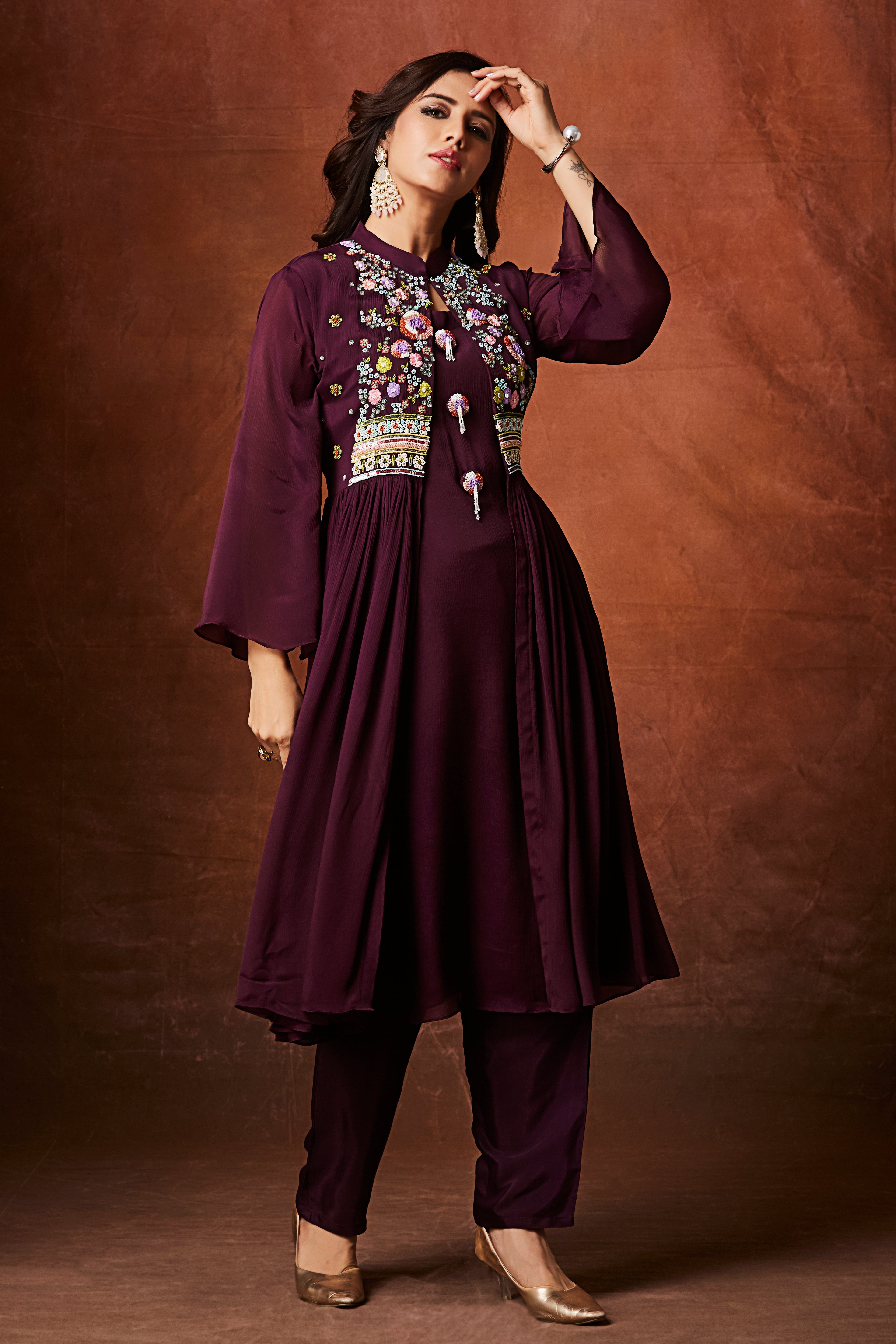 Deep Wine Embellished Chinon Silk Anarkali Set
