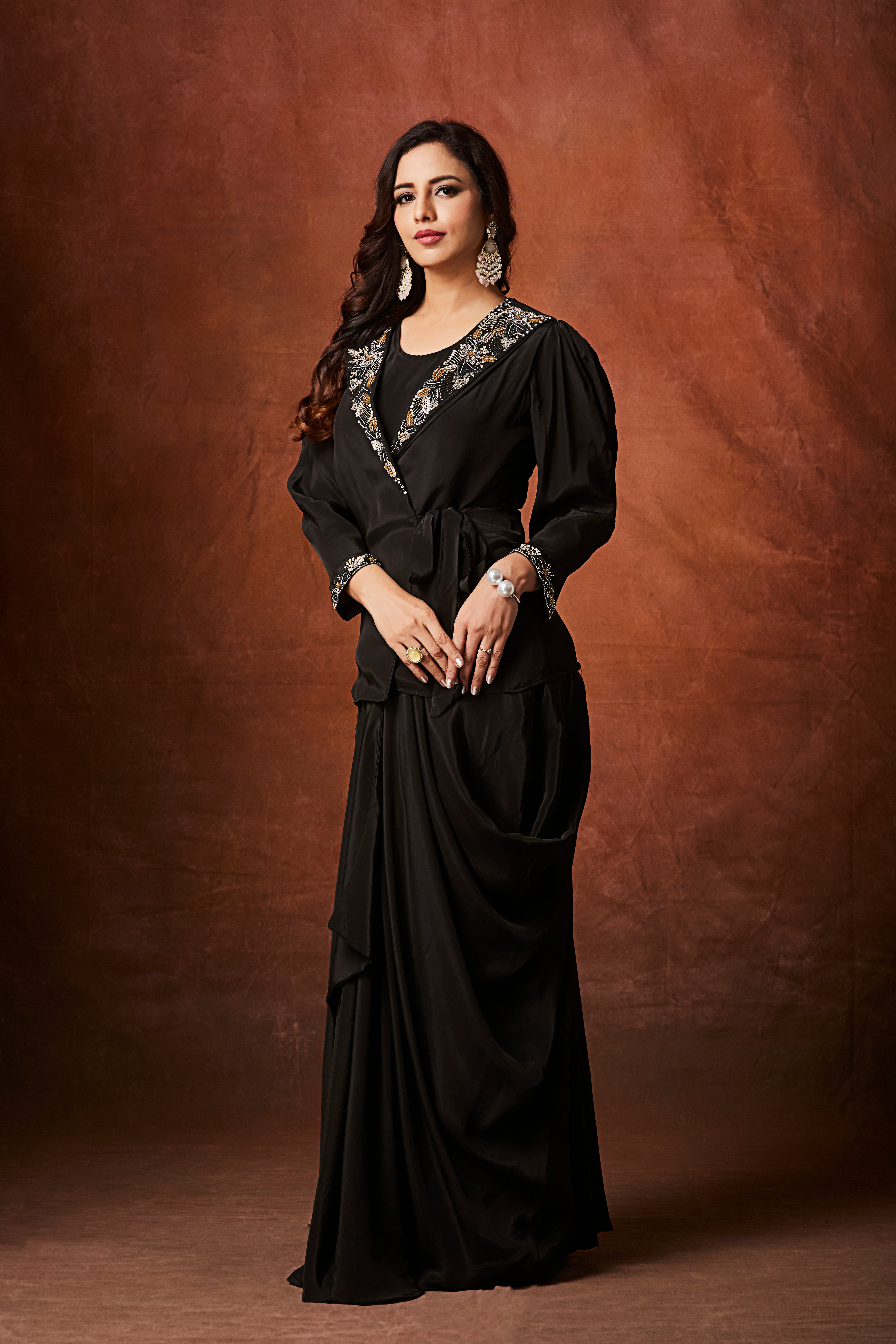 Coal Black Embellished Crepe Silk Skirt Set