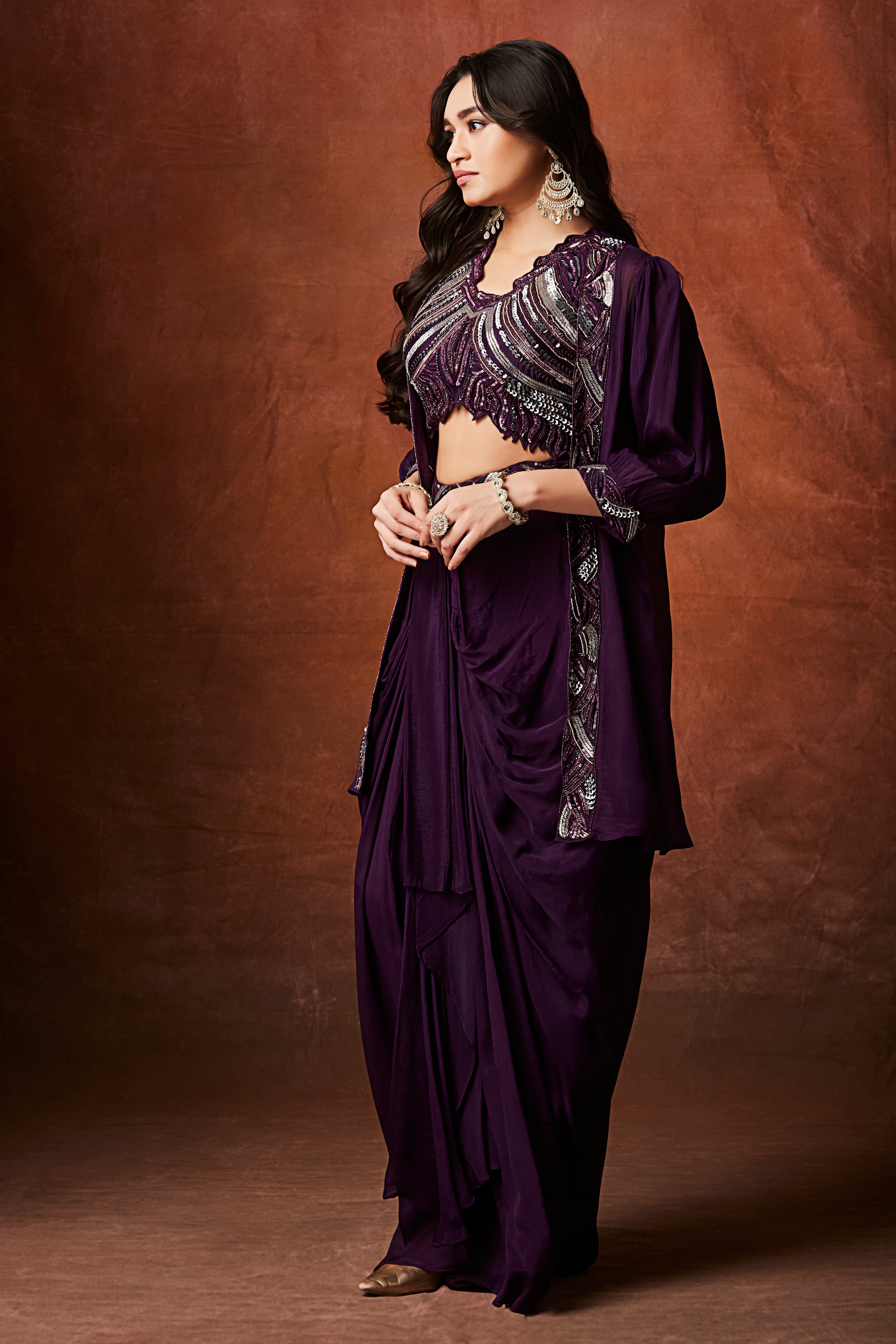 Deep Purple Embellished Chinon Silk Skirt Set