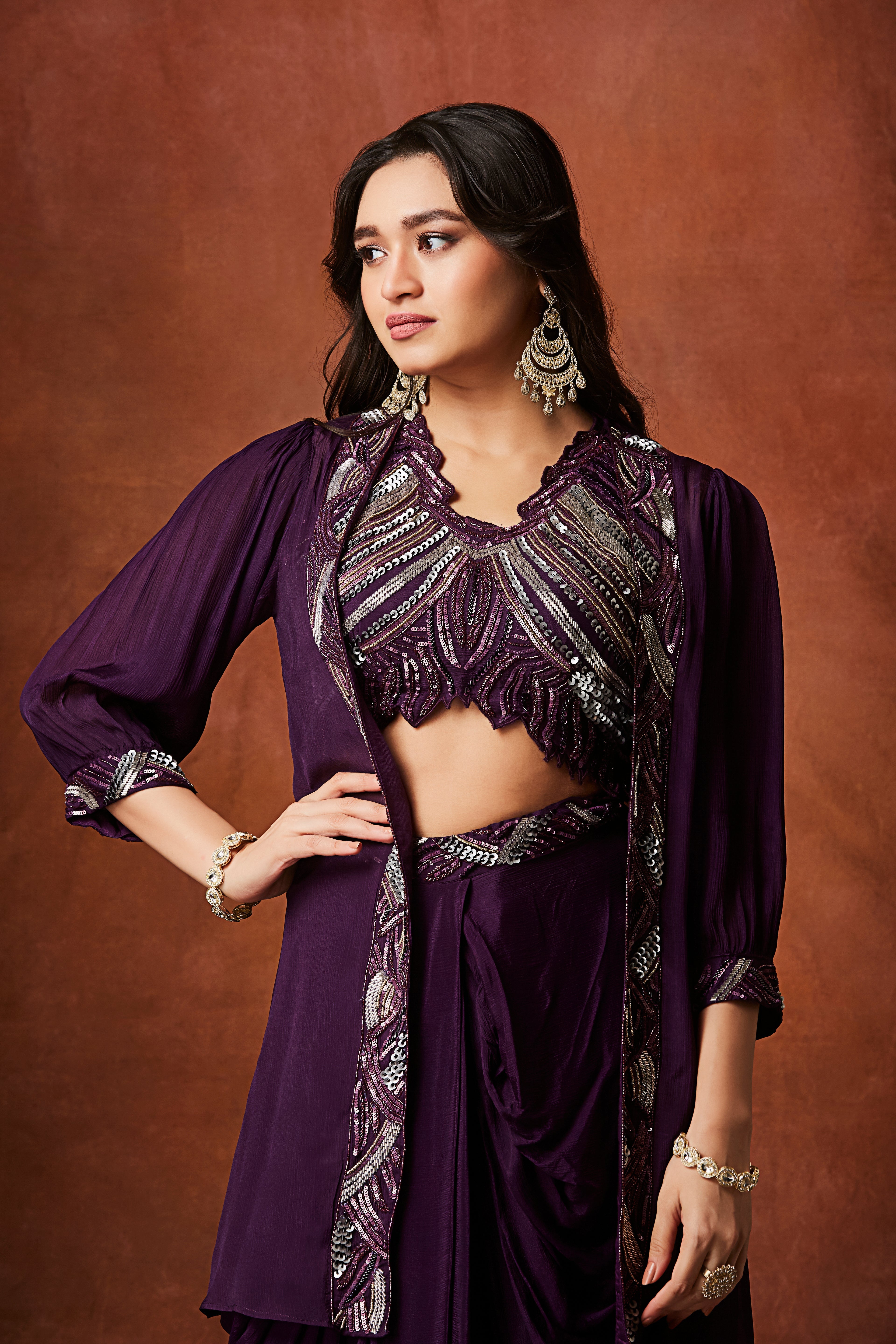 Deep Purple Embellished Chinon Silk Skirt Set
