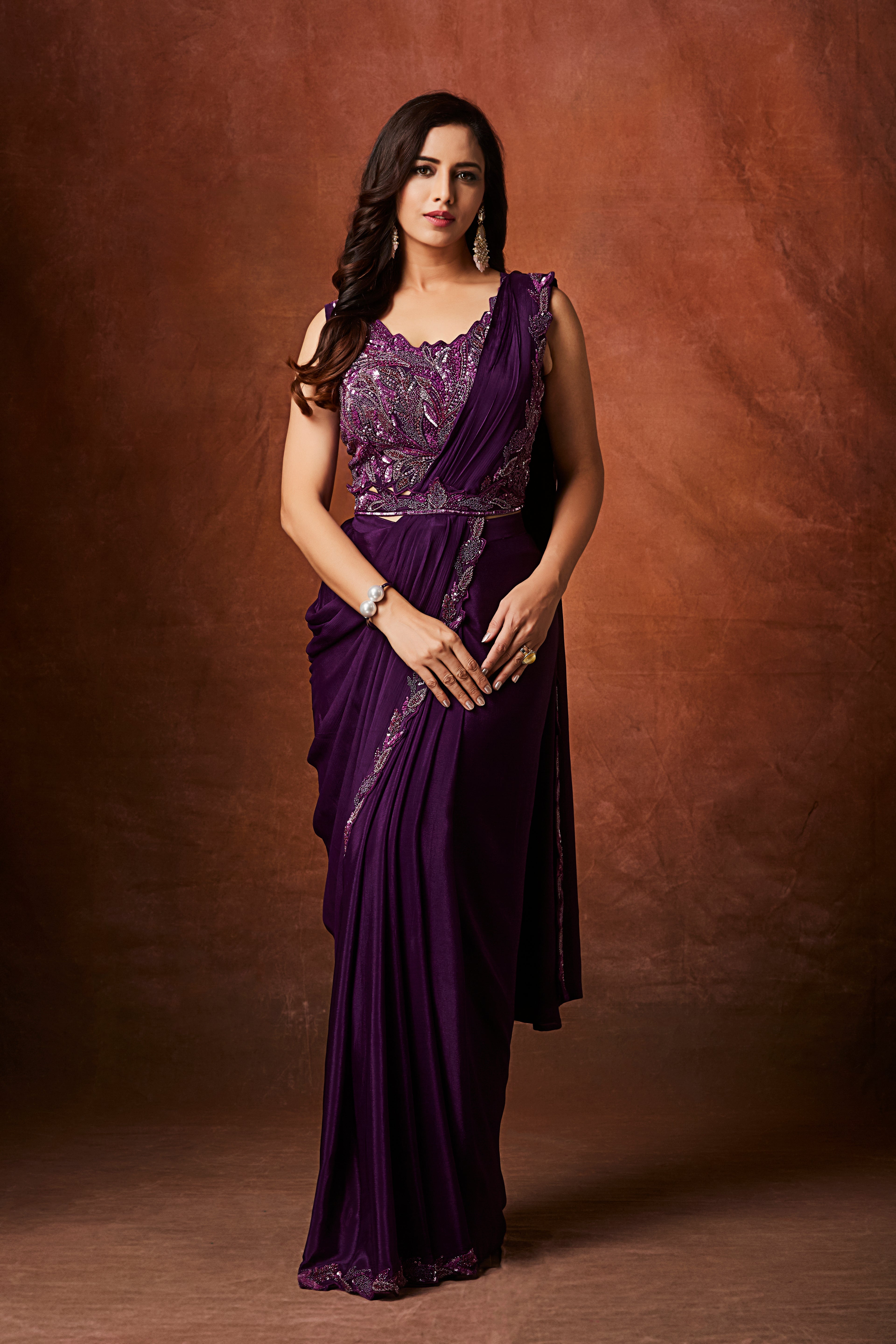 Plum Purple Embellished Chinon Silk Drape Saree