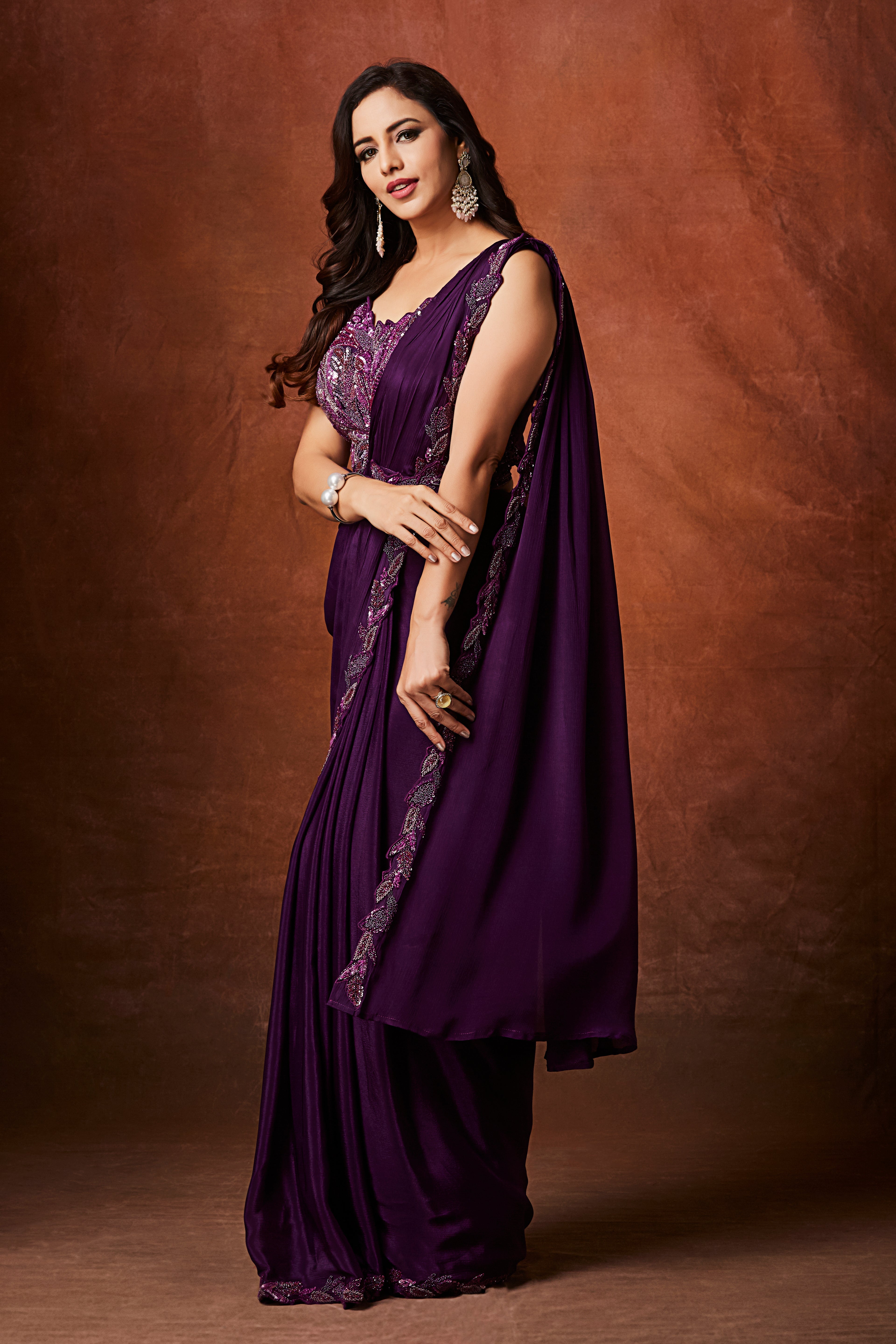 Plum Purple Embellished Chinon Silk Drape Saree